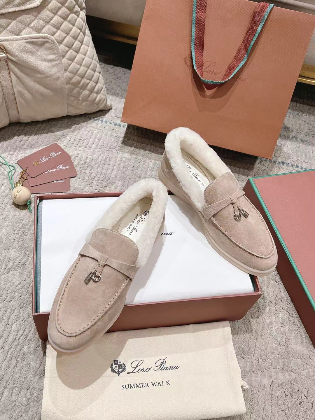 LP Summer Charms Walk Loafers  Light Brown Beige Mix White Suede With Rabbit Fur Lining 206250