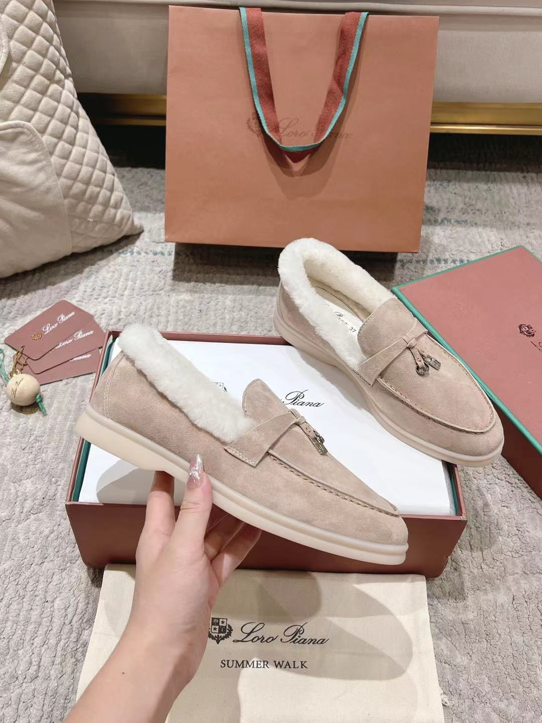 LP Summer Charms Walk Loafers  Light Brown Beige Mix White Suede With Rabbit Fur Lining 206250