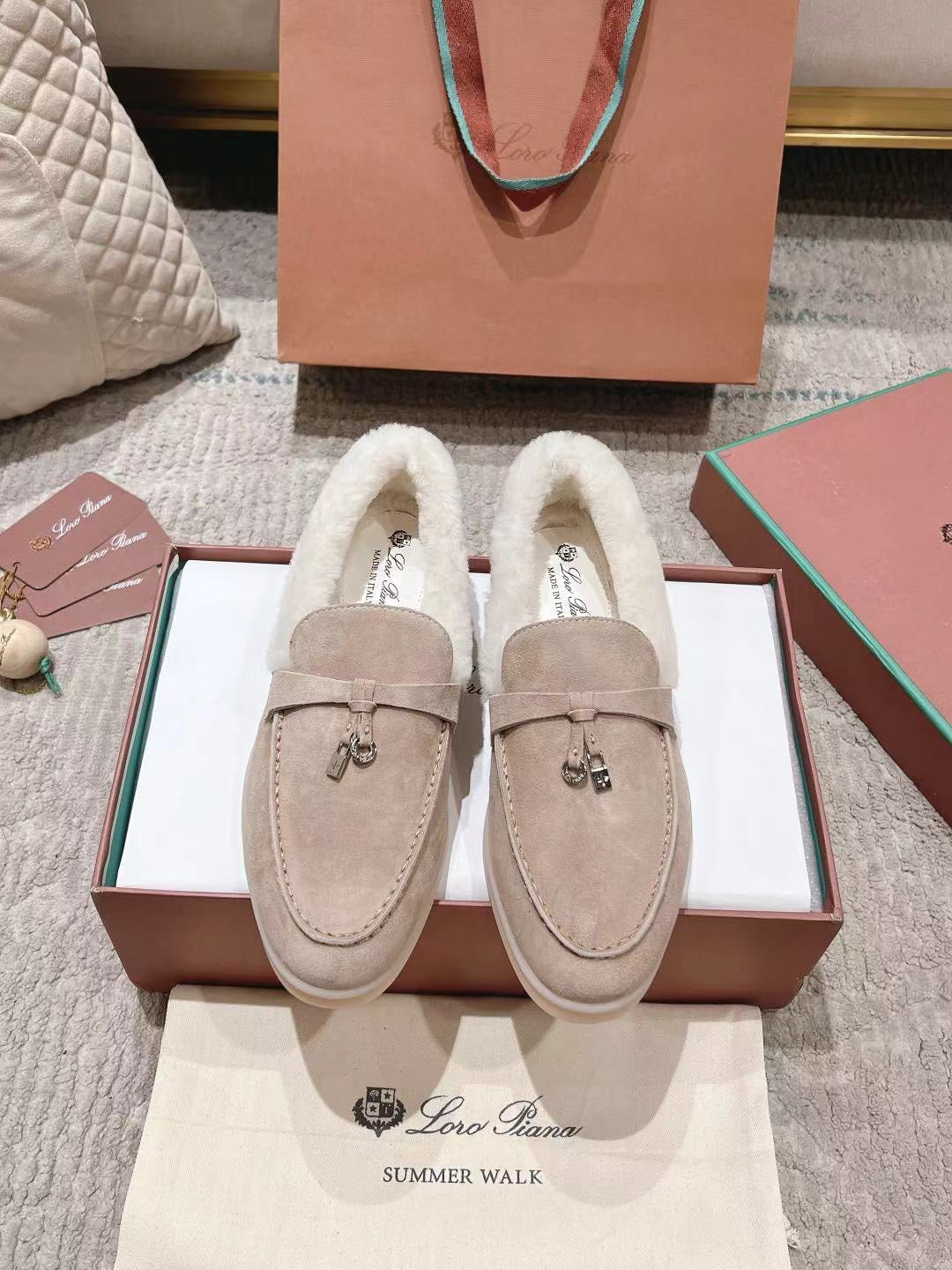 LP Summer Charms Walk Loafers  Light Brown Beige Mix White Suede With Rabbit Fur Lining 206250