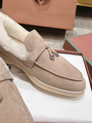 LP Summer Charms Walk Loafers  Light Brown Beige Mix White Suede With Rabbit Fur Lining 206250