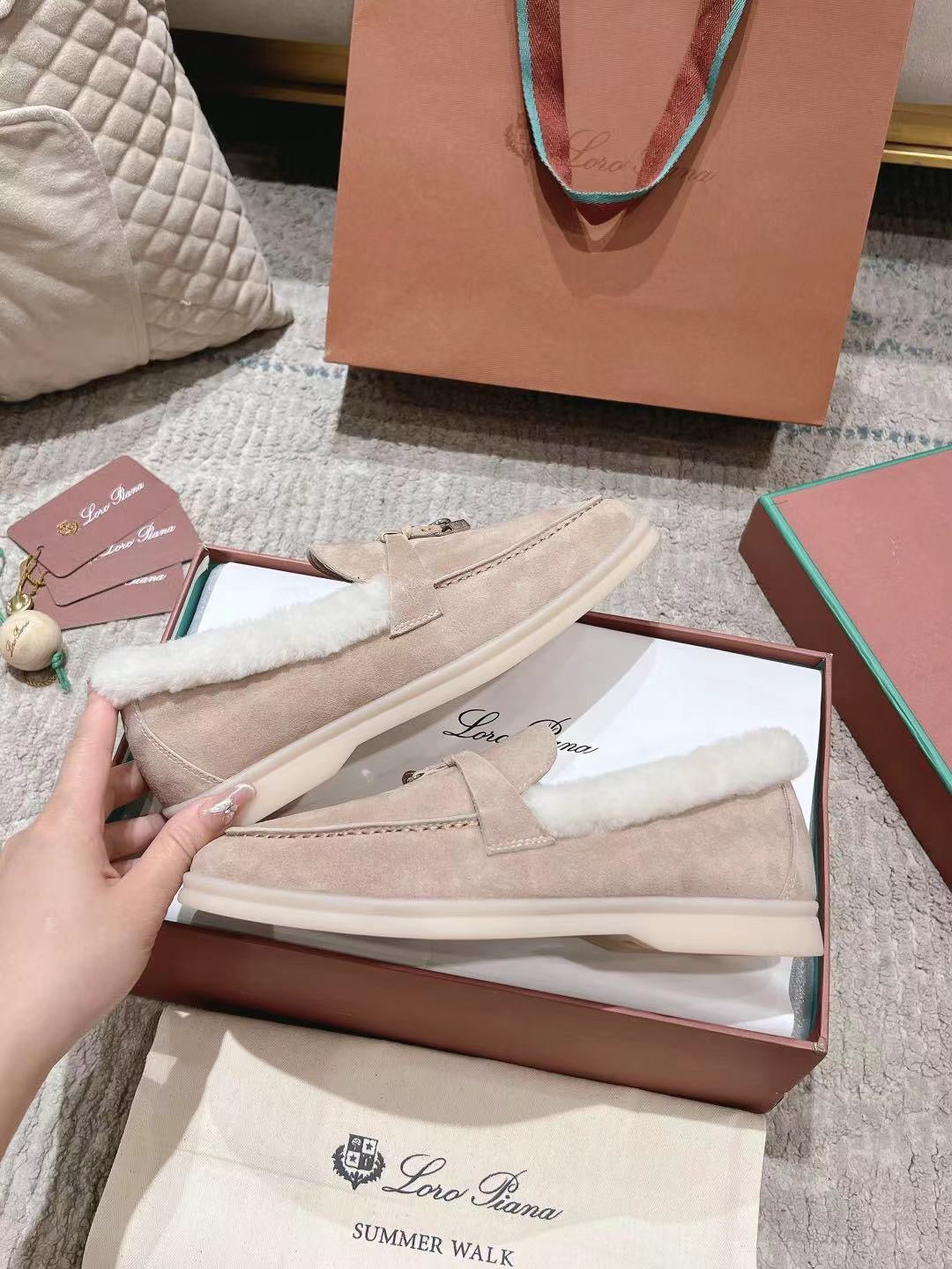 LP Summer Charms Walk Loafers  Light Brown Beige Mix White Suede With Rabbit Fur Lining 206250