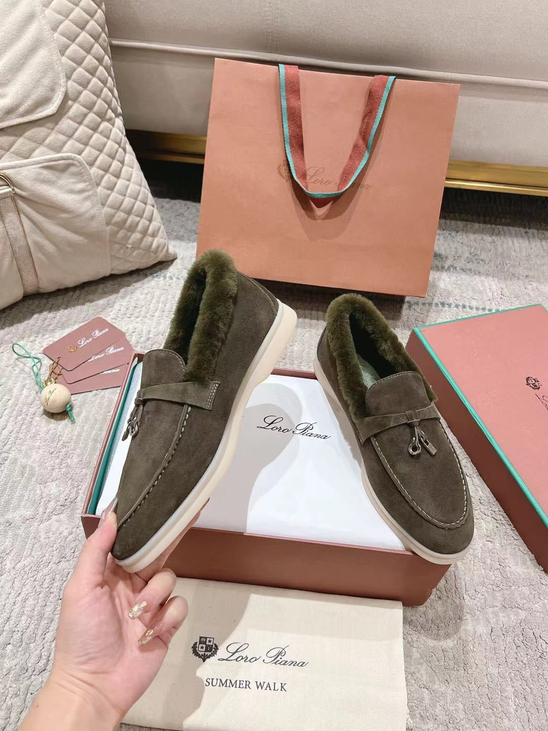 LP Summer Charms Walk Loafers Army Green Suede With Rabbit Fur Lining 206251