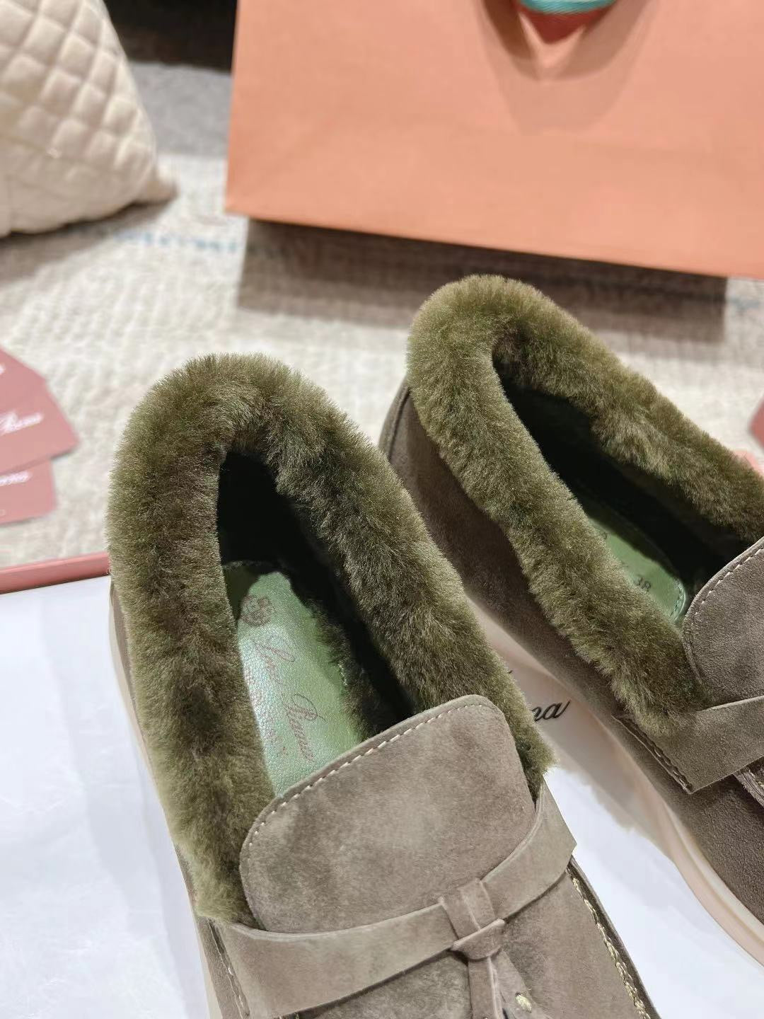 LP Summer Charms Walk Loafers Army Green Suede With Rabbit Fur Lining 206251