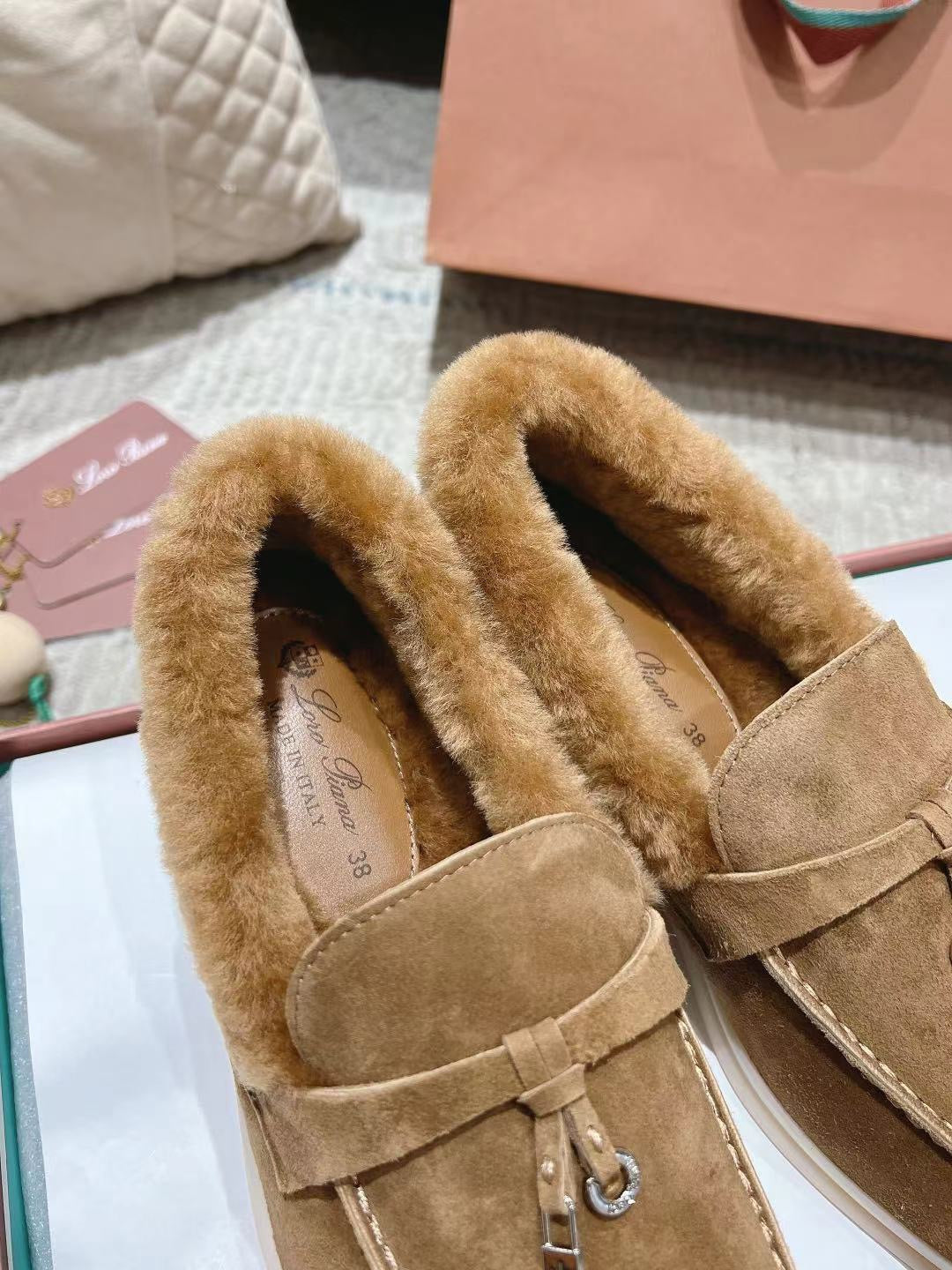 LP Summer Charms Walk Loafers Marigold Brown Suede With Rabbit Fur Lining 206258