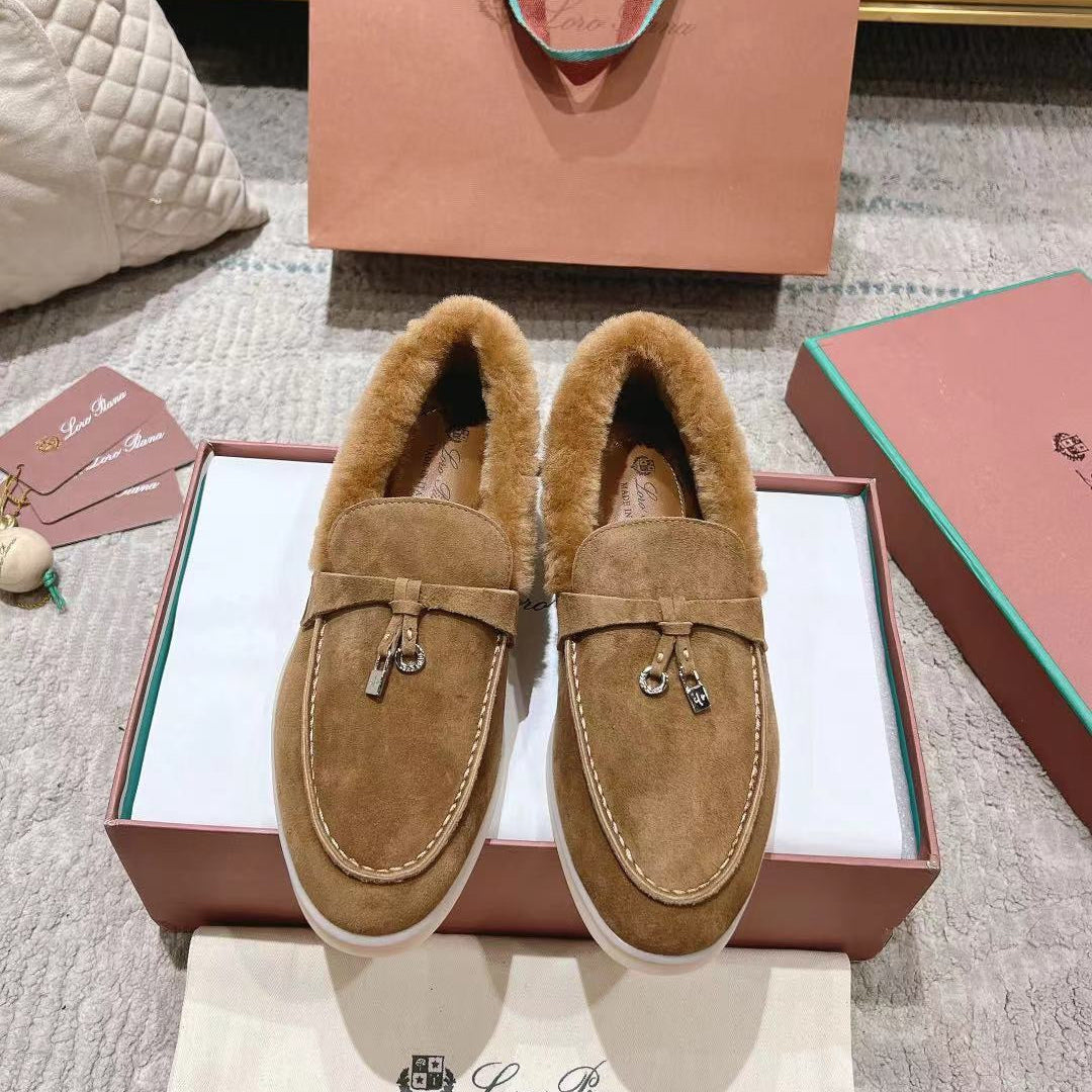 LP Summer Charms Walk Loafers Marigold Brown Suede With Rabbit Fur Lining 206258