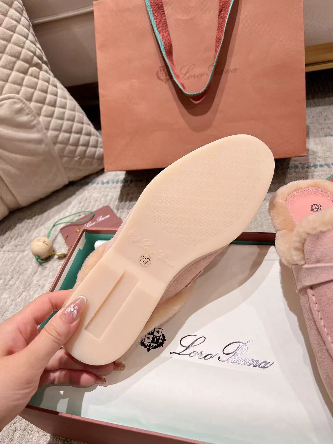 LP Charms Walk Babouche Loafer Pink Pastel Suede With Rabbit Fur Lining 206225