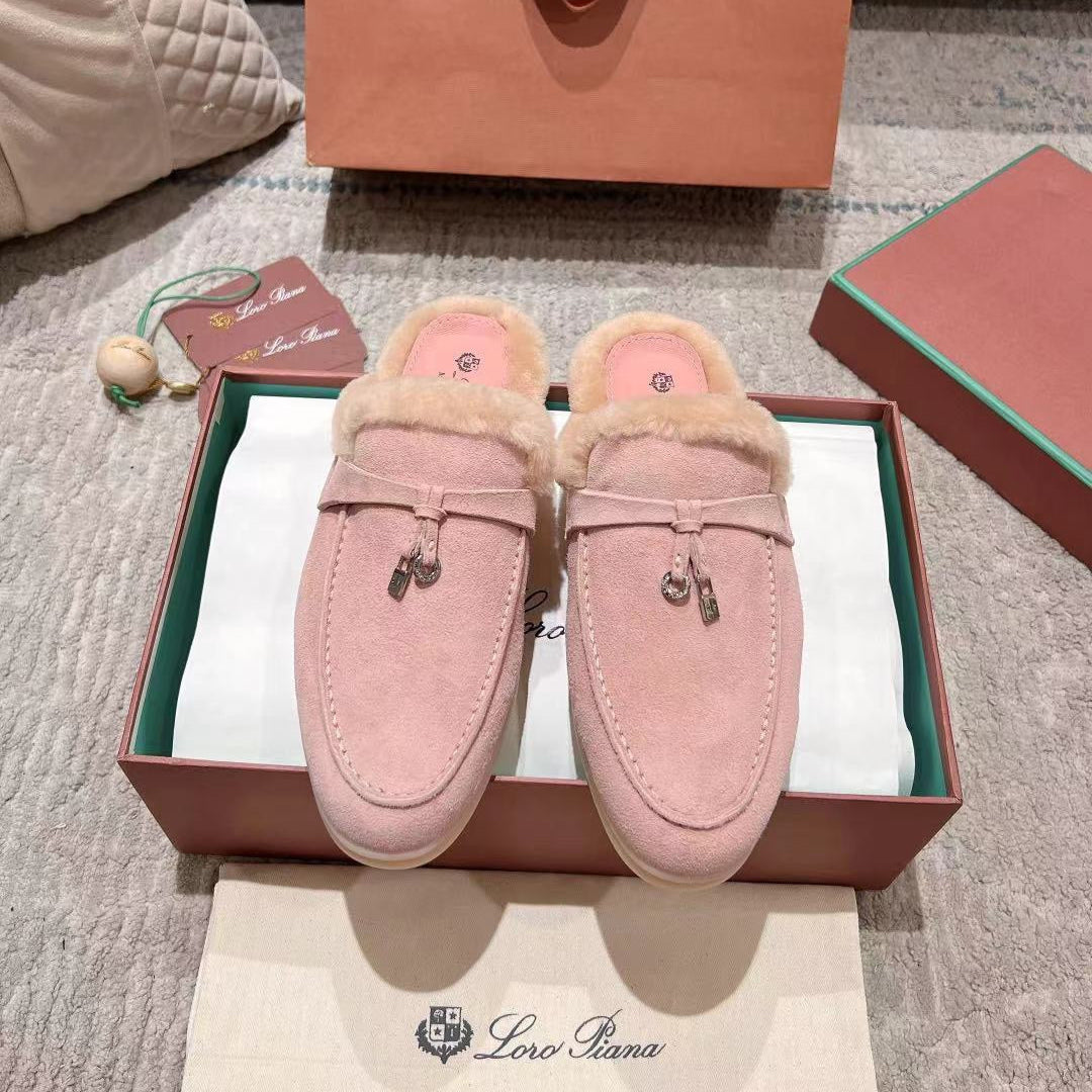 LP Charms Walk Babouche Loafer Pink Pastel Suede With Rabbit Fur Lining 206225