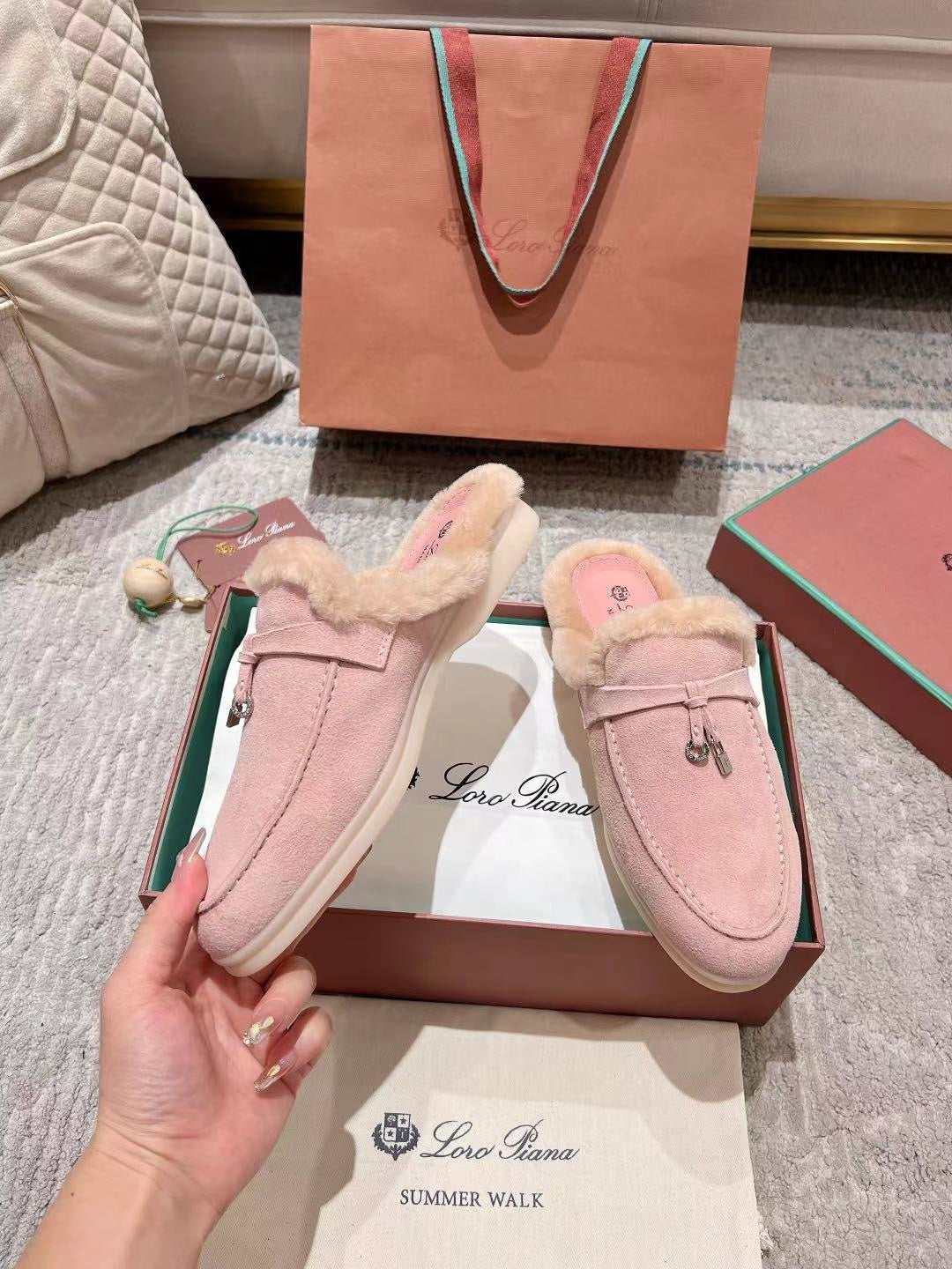 LP Charms Walk Babouche Loafer Pink Pastel Suede With Rabbit Fur Lining 206225