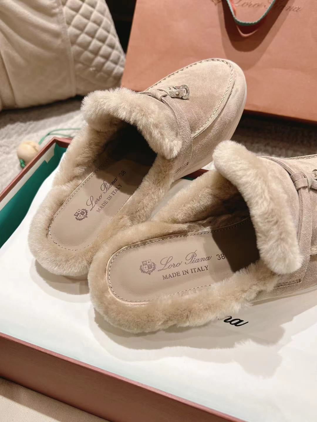 LP Charms Walk Babouche Loafer Sand Brown Suede With Rabbit Fur Lining 206226