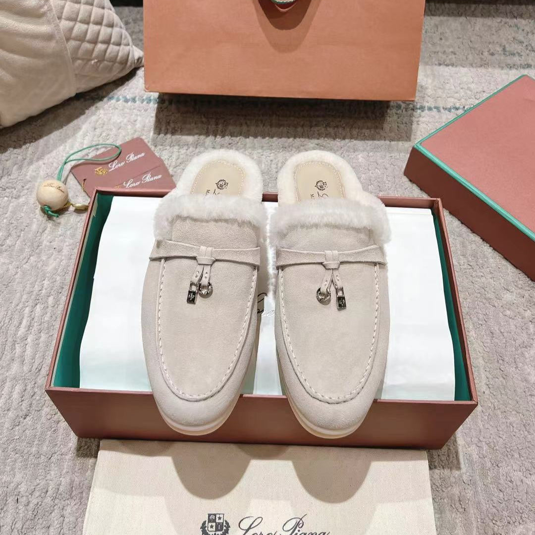 LP Charms Walk Babouche Loafer White Suede With Rabbit Fur Lining 206231