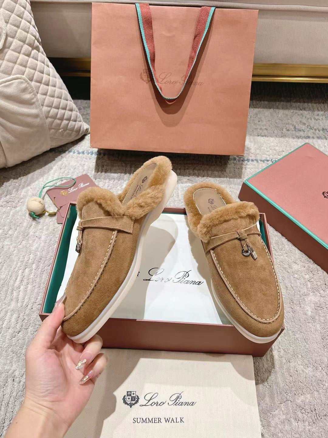 LP Charms Walk Babouche Loafer Marigold Brown Suede With Rabbit Fur Lining 206232