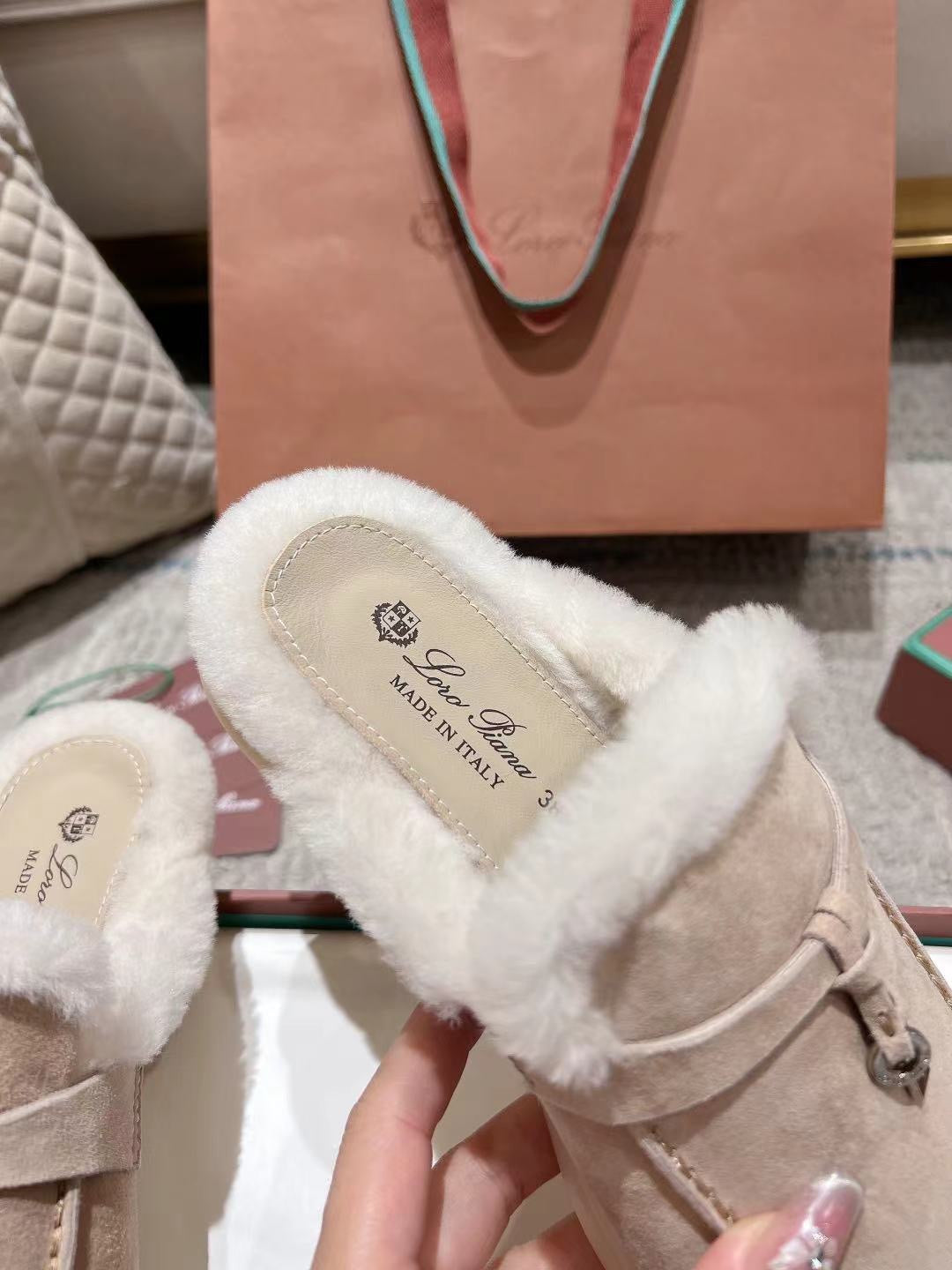 LP Charms Walk Babouche Loafer Light Brown Beige Mix White Suede With Rabbit Fur Lining 206237