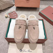 LP Charms Walk Babouche Loafer Light Brown Beige Mix White Suede With Rabbit Fur Lining 206237