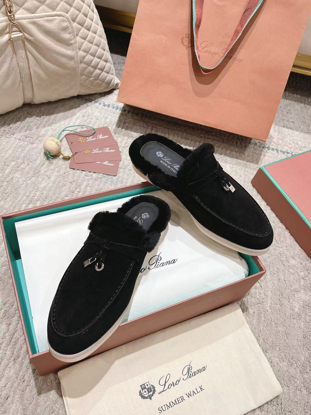 LP Charms Walk Babouche Loafer Black Suede With Rabbit Fur Lining 206239