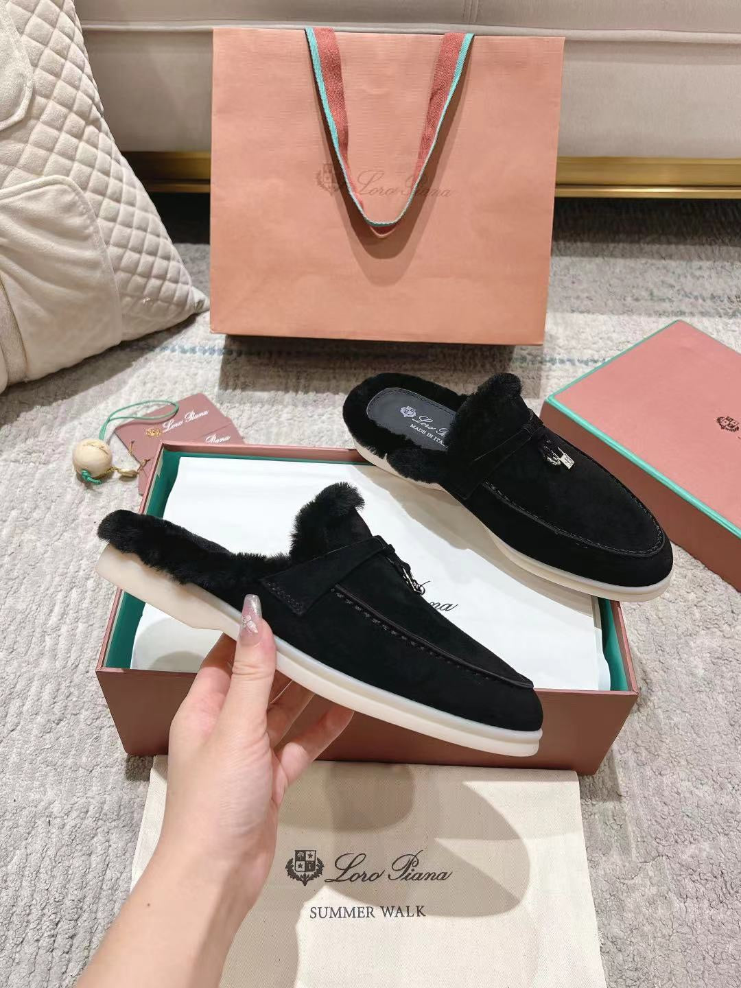 LP Charms Walk Babouche Loafer Black Suede With Rabbit Fur Lining 206239