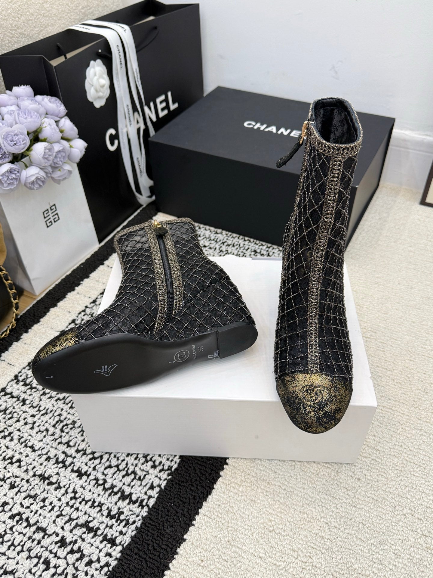 CC 26 Wedge Heel Boot Black Mesh Leather 588857