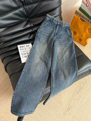 Celine 25 Pattern Embroidered Straight Jeans Blue Cotton