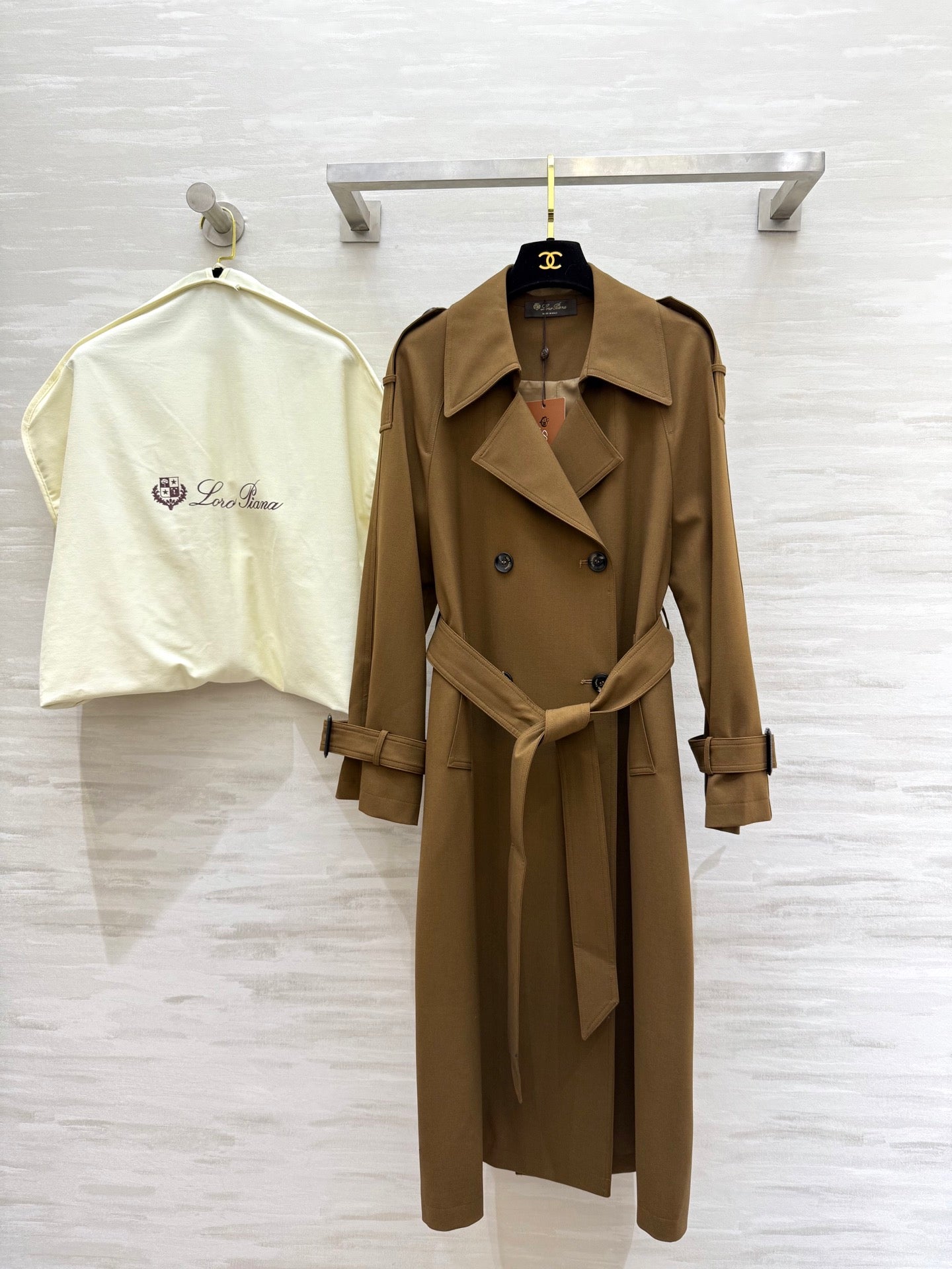 LP 25 Tie-Waist Slim Lapel Long Trench Coat Brown Cotton 305540