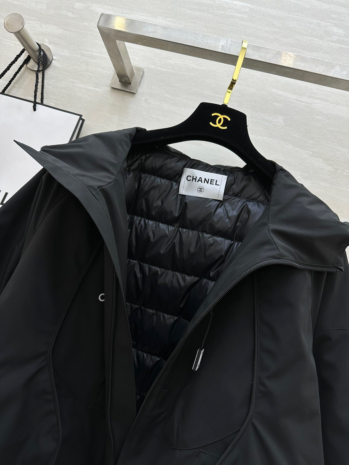 Chanel 25 Hooded Windbreaker Jacket Black Down Cotton 312195