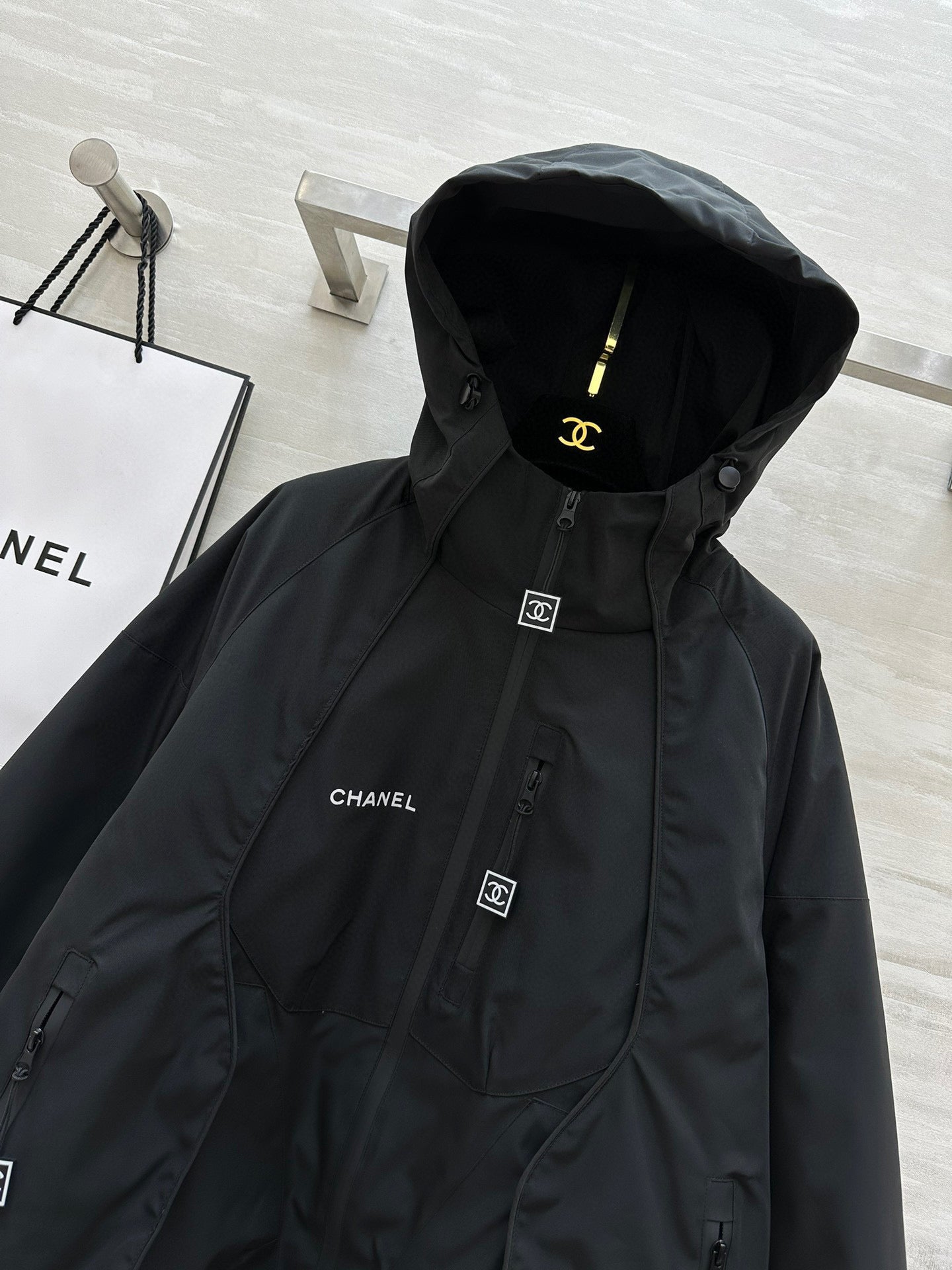 Chanel 25 Hooded Windbreaker Jacket Black Down Cotton 312195