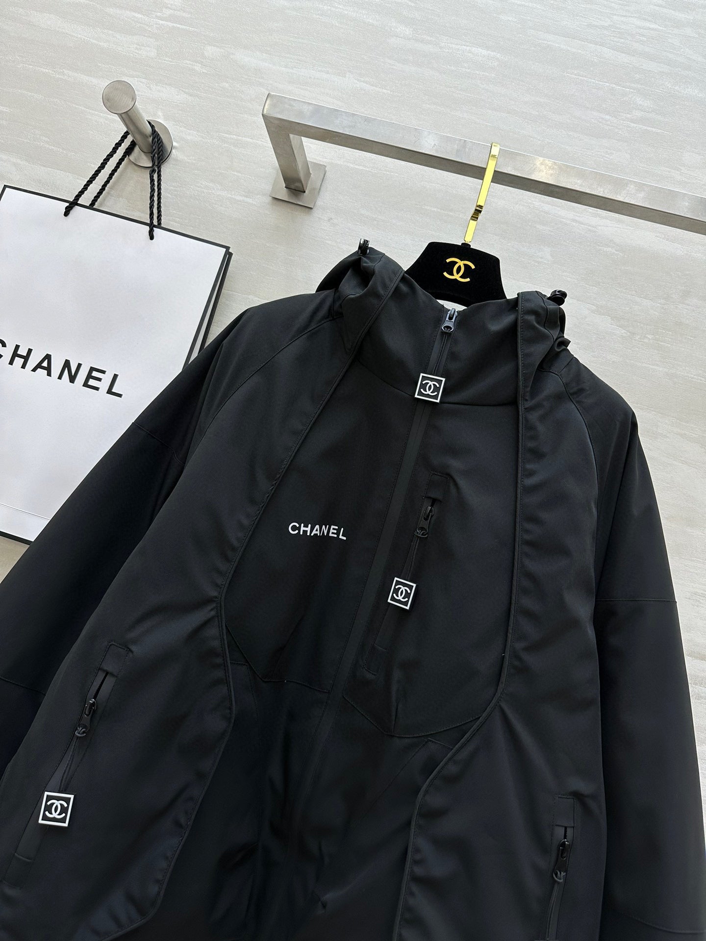 Chanel 25 Hooded Windbreaker Jacket Black Down Cotton 312195