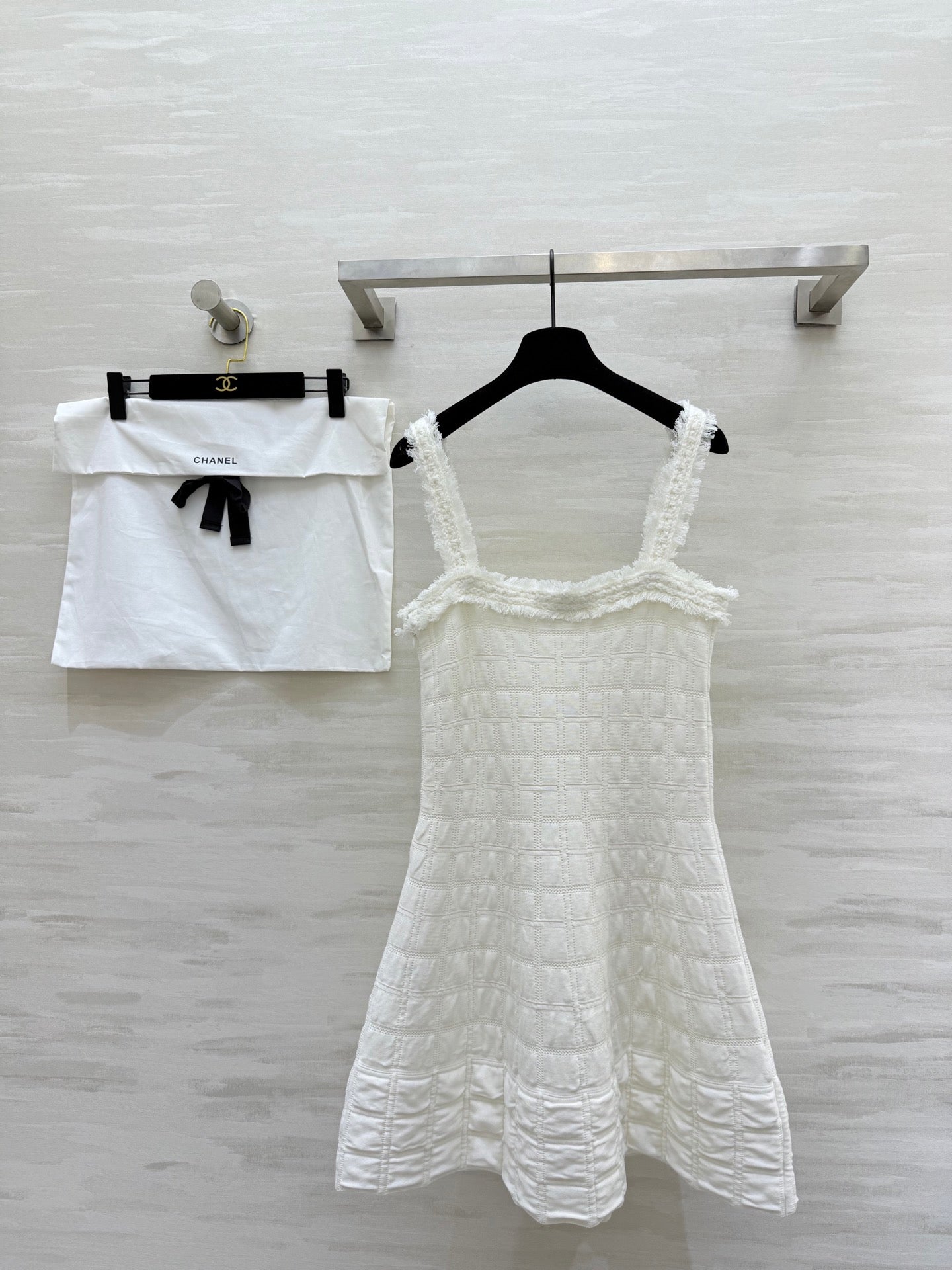 Chanel 2025 Raw-Edge Check Suspender Dress White Cotton 319515