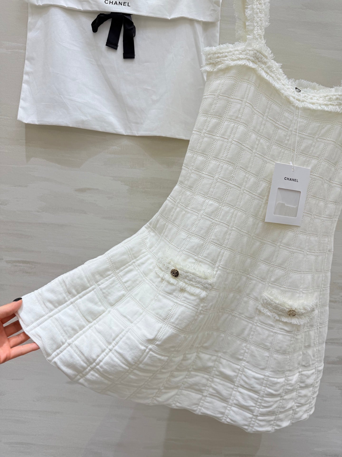 Chanel 2025 Raw-Edge Check Suspender Dress White Cotton 319515