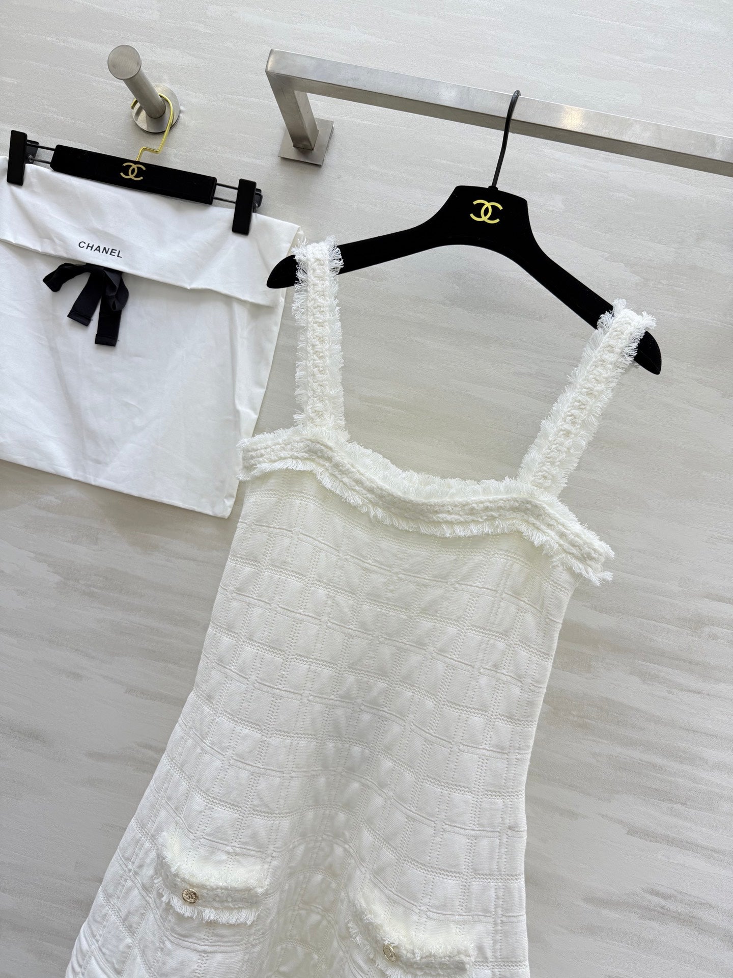 Chanel 2025 Raw-Edge Check Suspender Dress White Cotton 319515