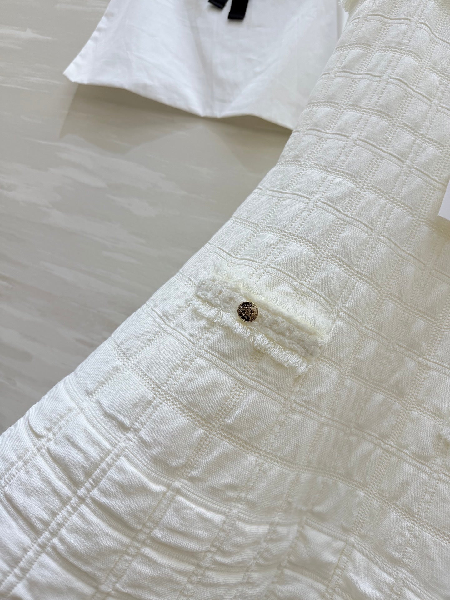 Chanel 2025 Raw-Edge Check Suspender Dress White Cotton 319515