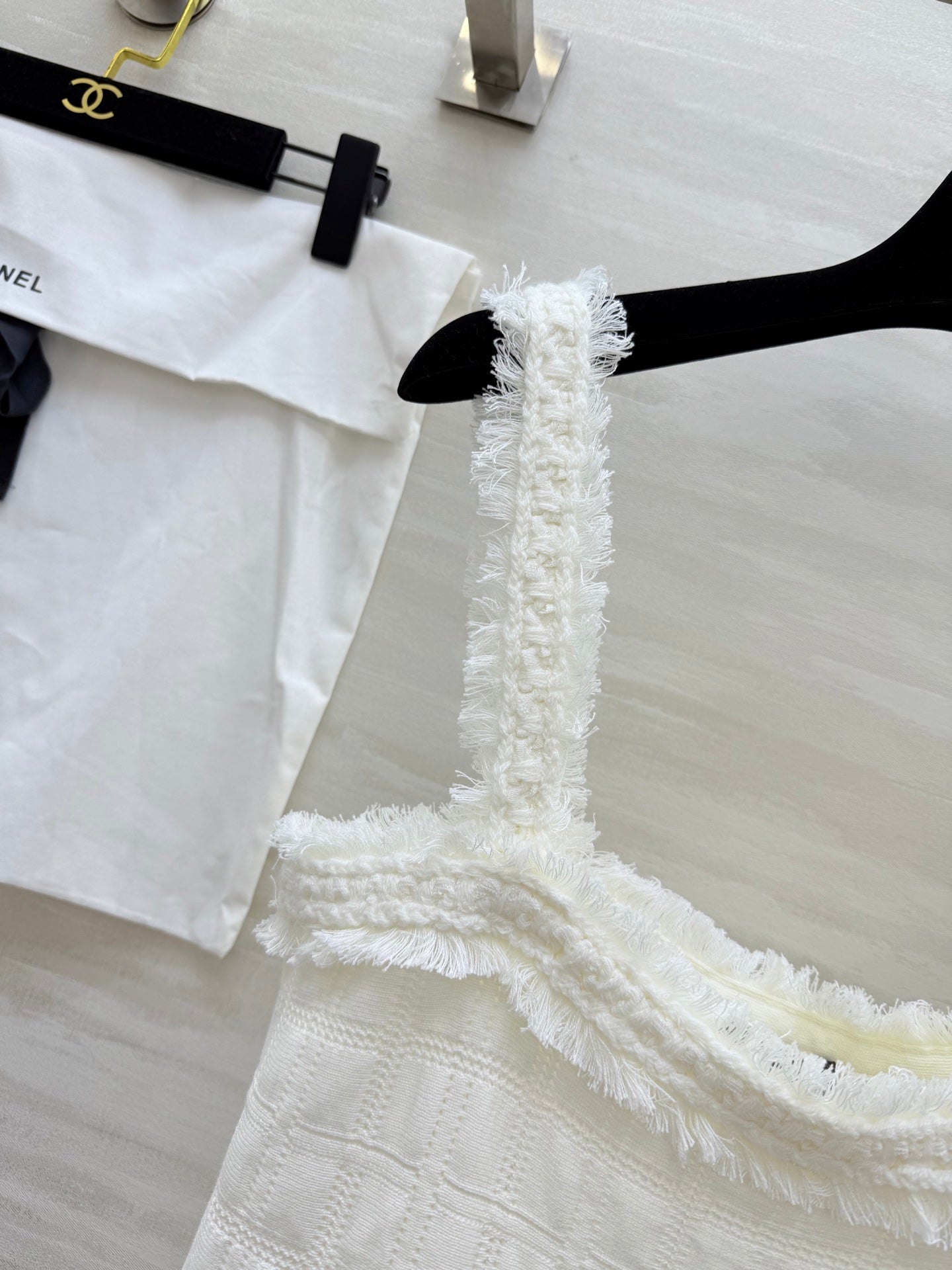 Chanel 2025 Raw-Edge Check Suspender Dress White Cotton 319515