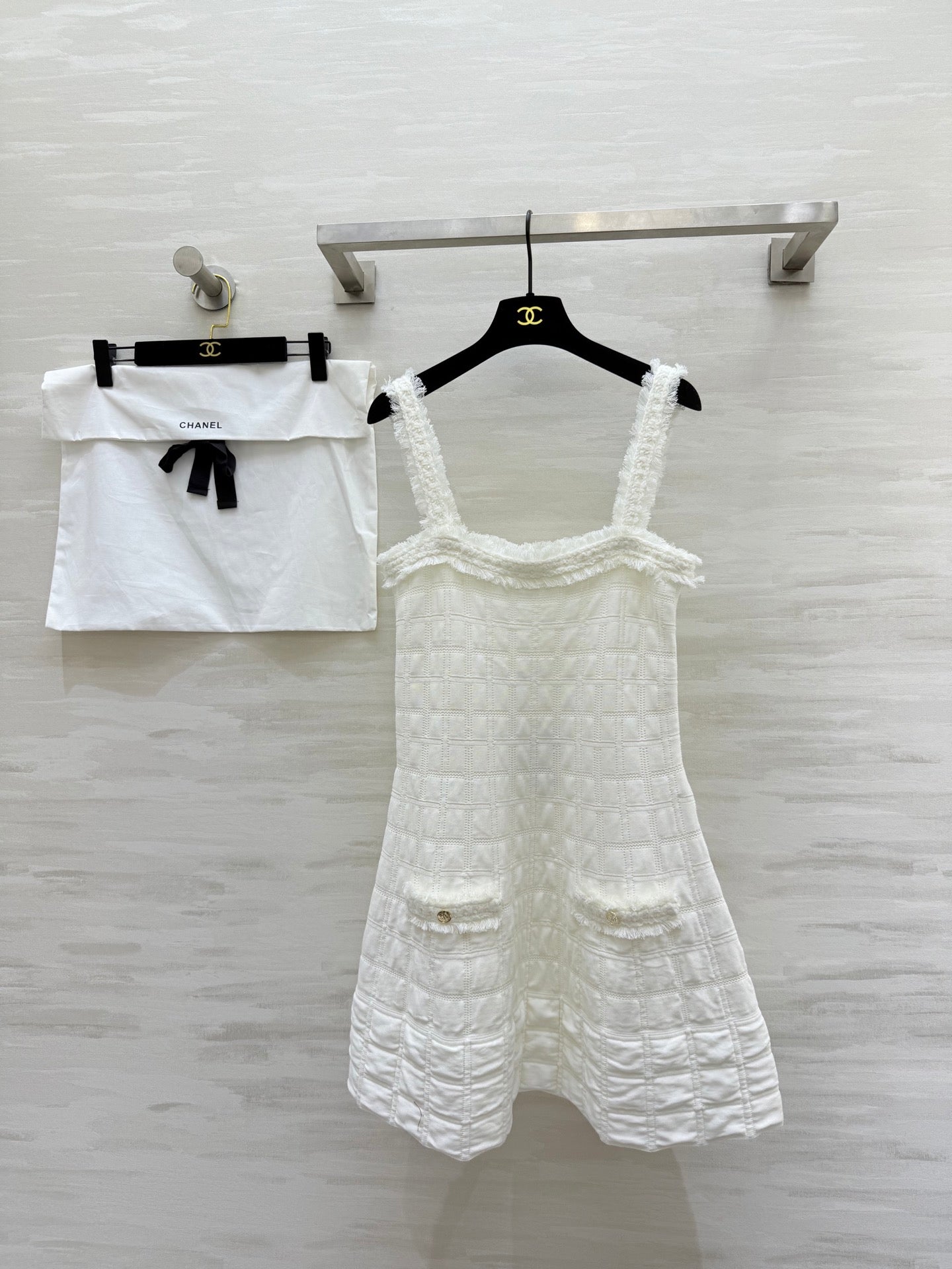 Chanel 2025 Raw-Edge Check Suspender Dress White Cotton 319515