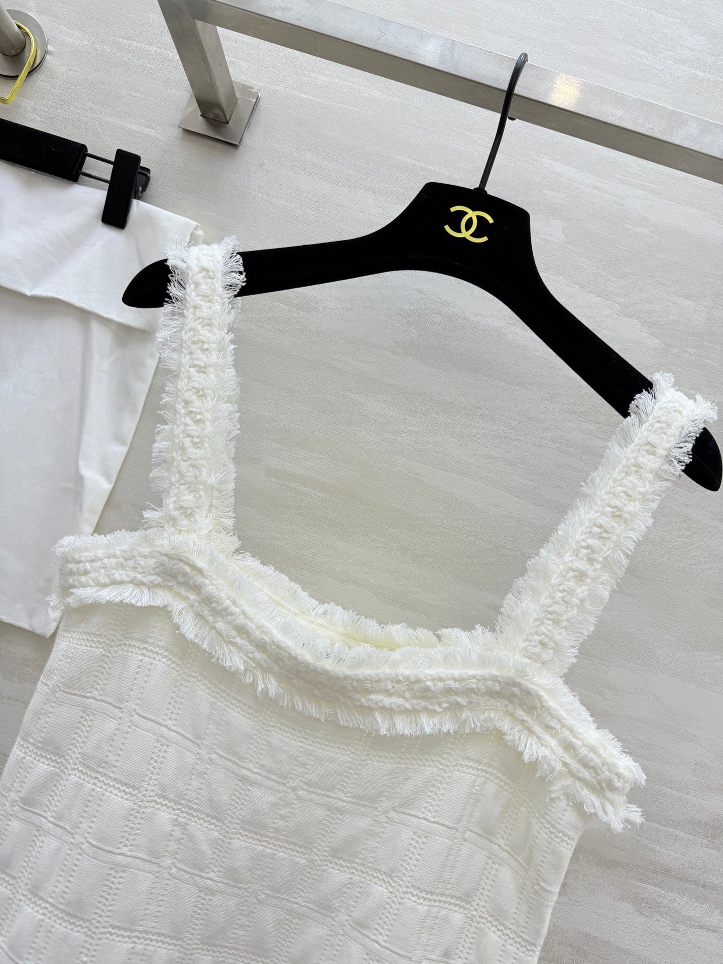 Chanel 2025 Raw-Edge Check Suspender Dress White Cotton 319515
