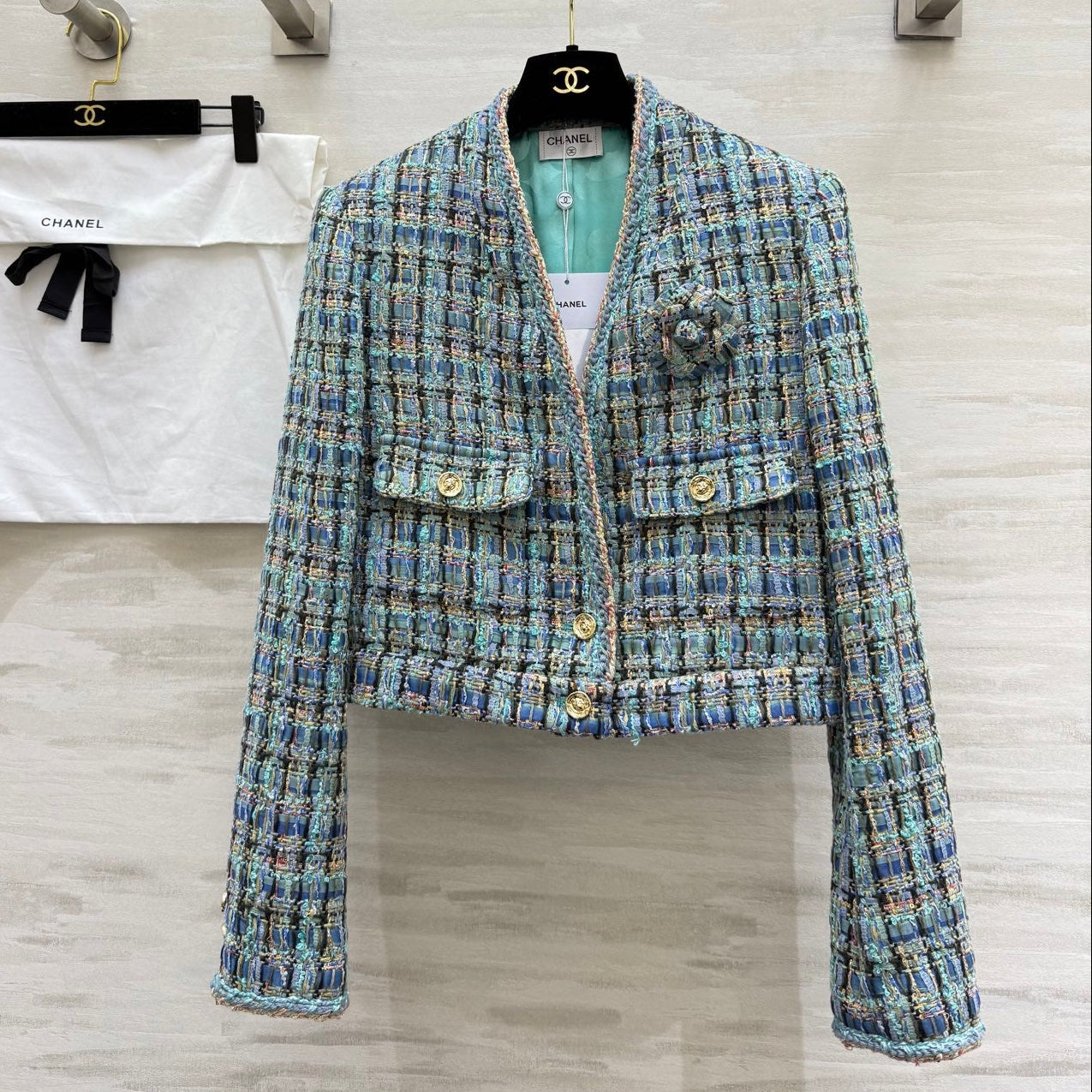 Chanel 2025 V-Neck Coat Blue Green Wool Tweed Fabric 319506