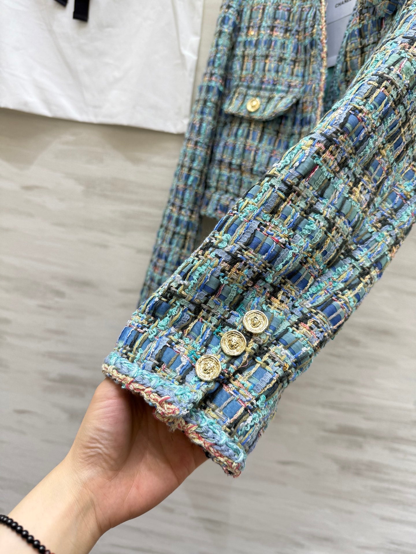 Chanel 2025 V-Neck Coat Blue Green Wool Tweed Fabric 319506