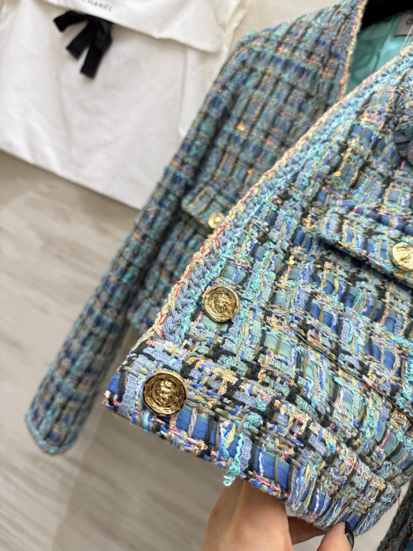 Chanel 2025 V-Neck Coat Blue Green Wool Tweed Fabric 319506