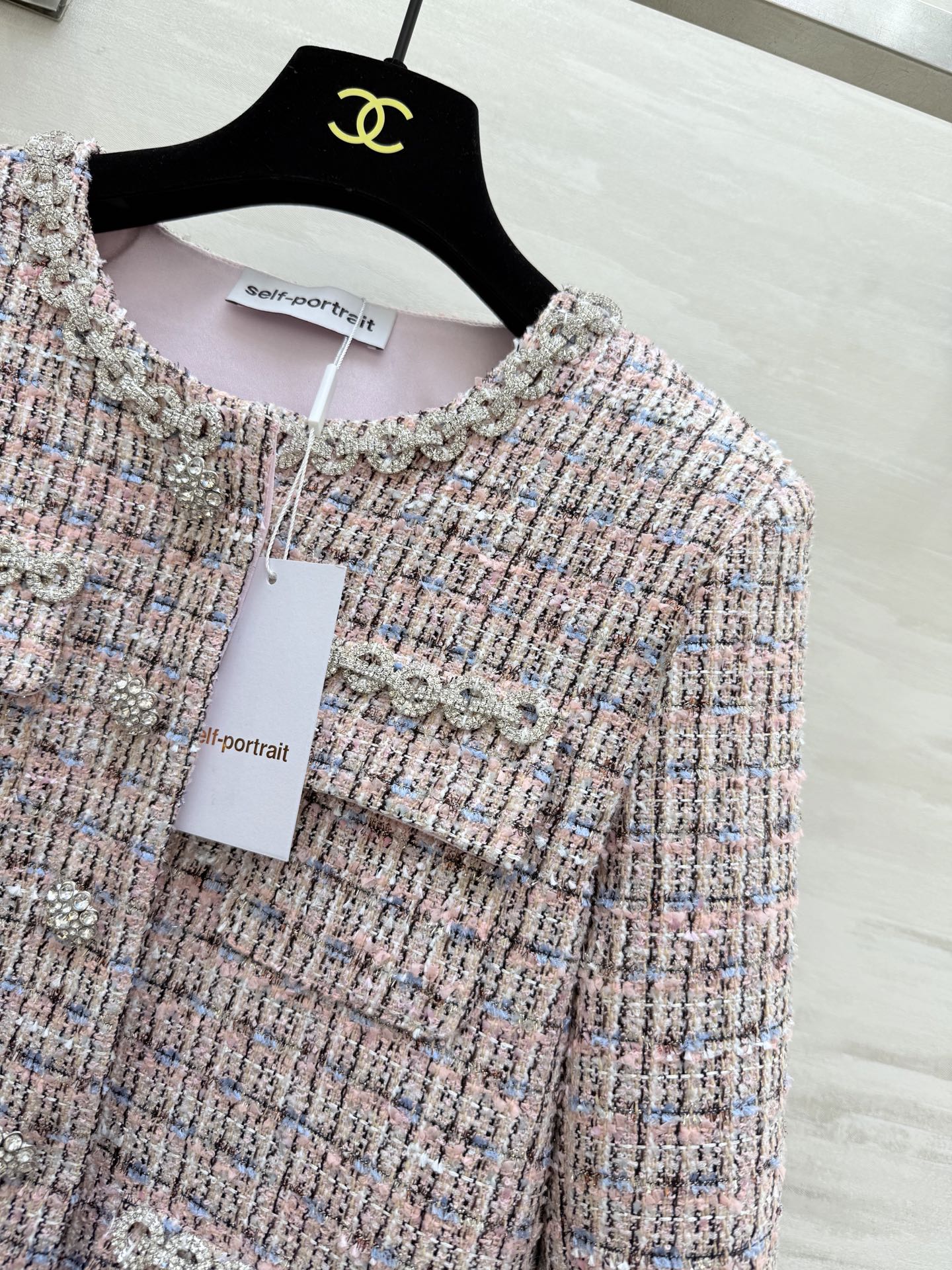 Chanel 2025 Rhinestone Chain Jacket Pink Woven Tweed Fabric 319510