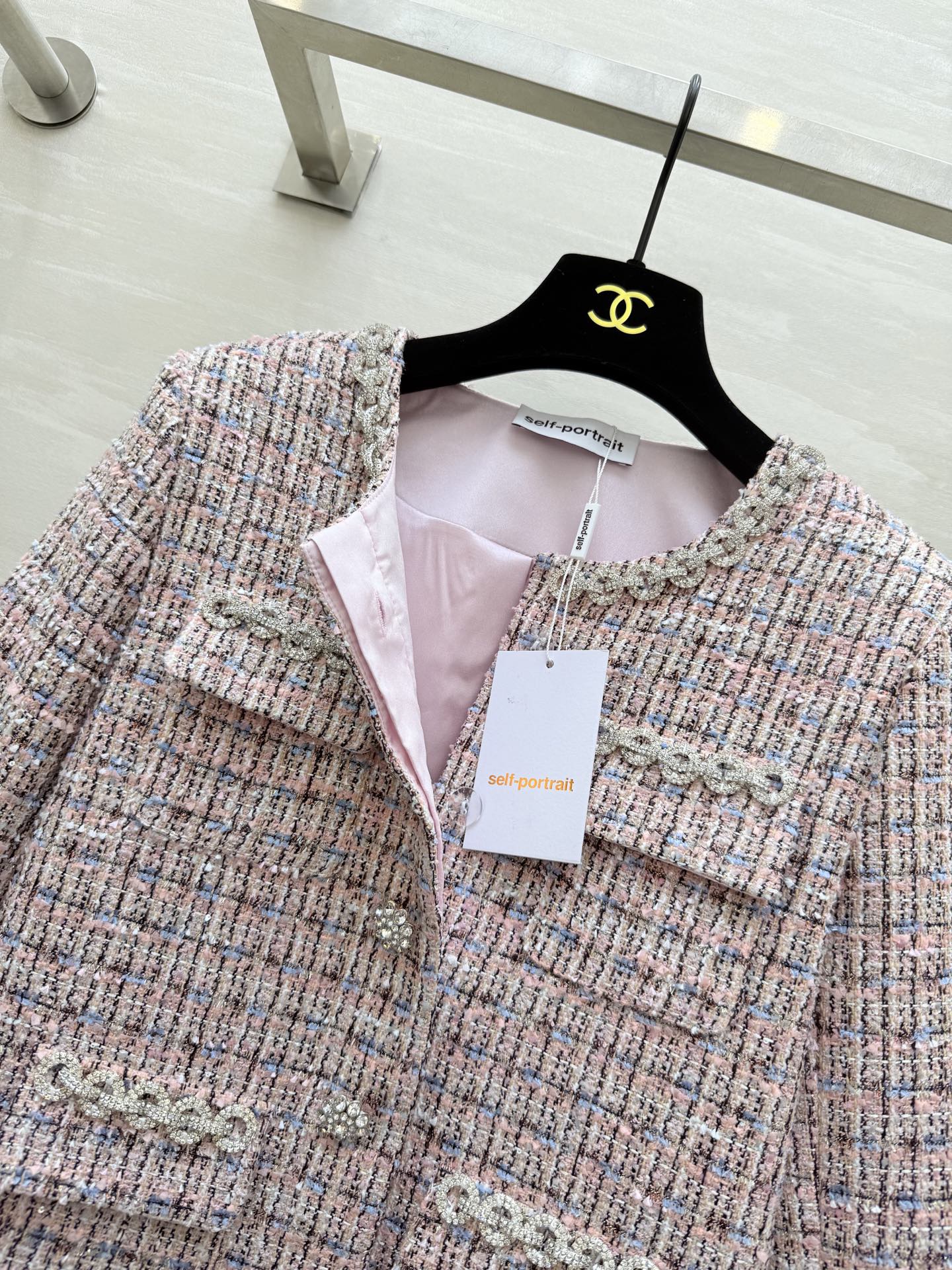 Chanel 2025 Rhinestone Chain Jacket Pink Woven Tweed Fabric 319510