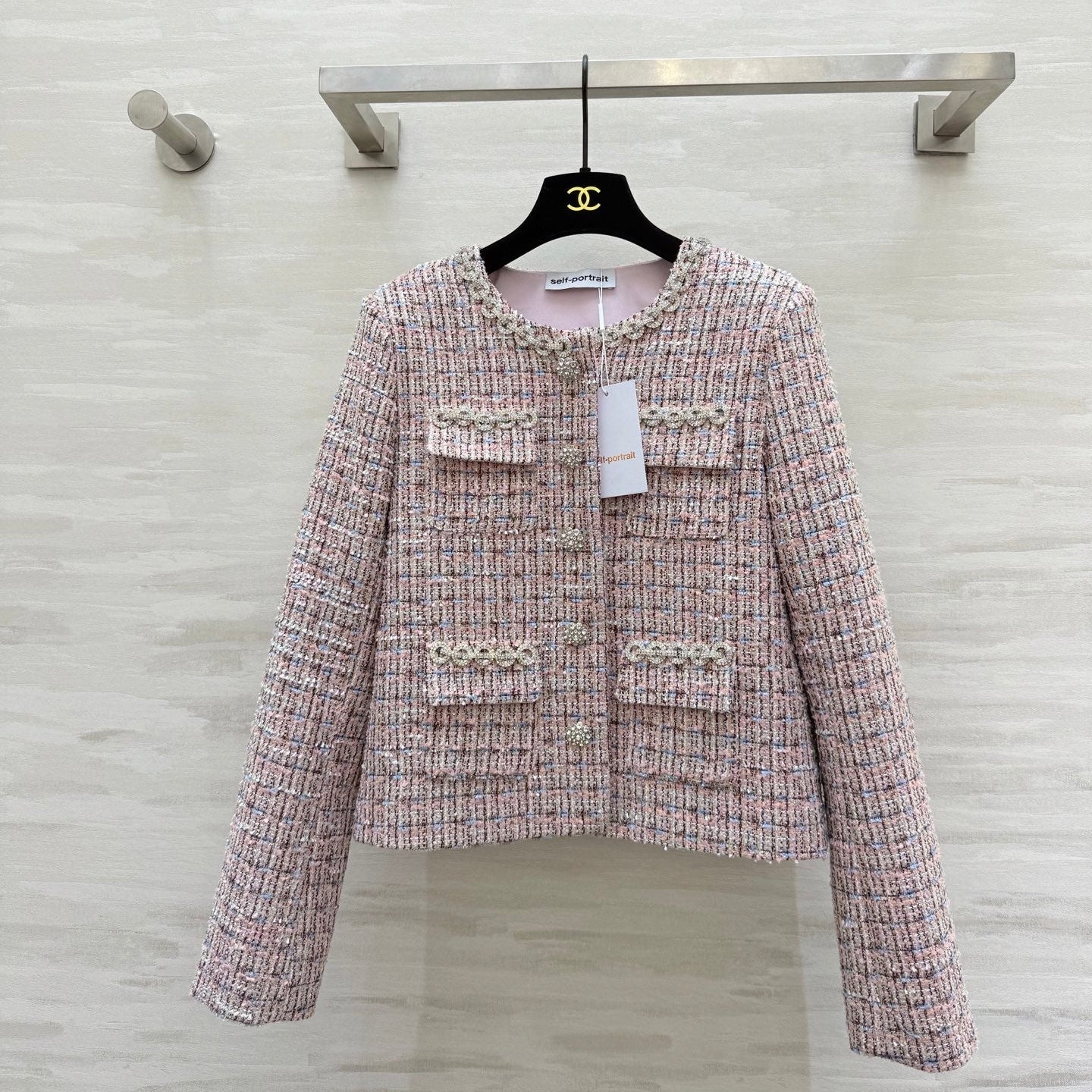 Chanel 2025 Rhinestone Chain Jacket Pink Woven Tweed Fabric 319510