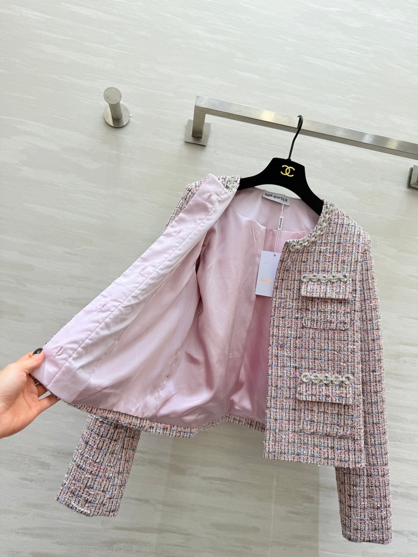 Chanel 2025 Rhinestone Chain Jacket Pink Woven Tweed Fabric 319510