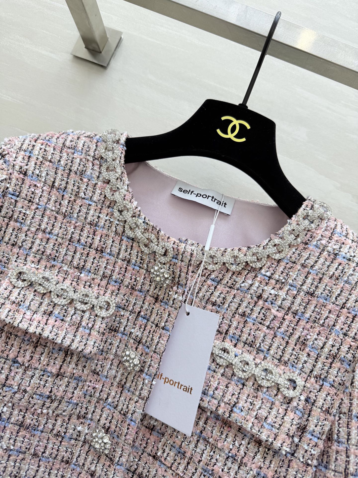 Chanel 2025 Rhinestone Chain Jacket Pink Woven Tweed Fabric 319510