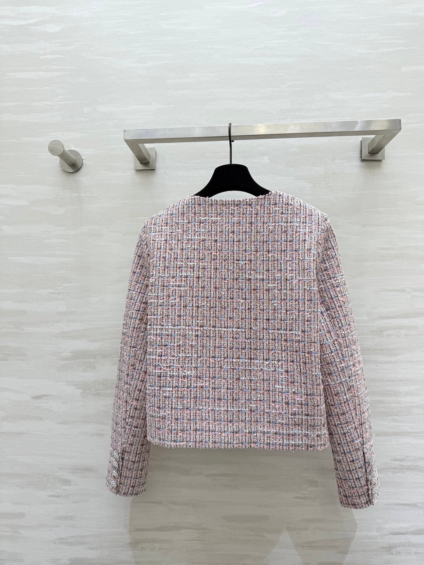 Chanel 2025 Rhinestone Chain Jacket Pink Woven Tweed Fabric 319510