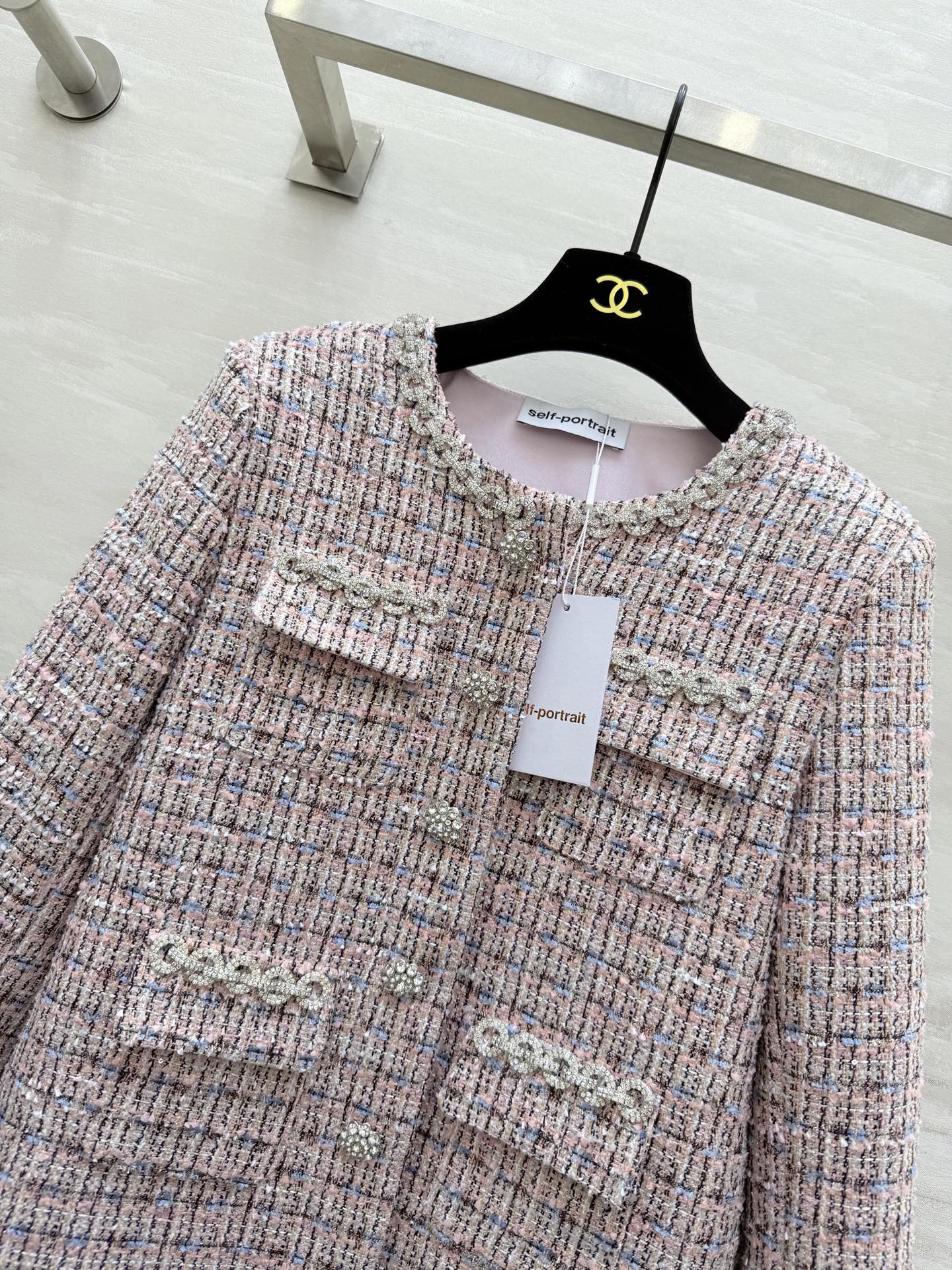 Chanel 2025 Rhinestone Chain Jacket Pink Woven Tweed Fabric 319510