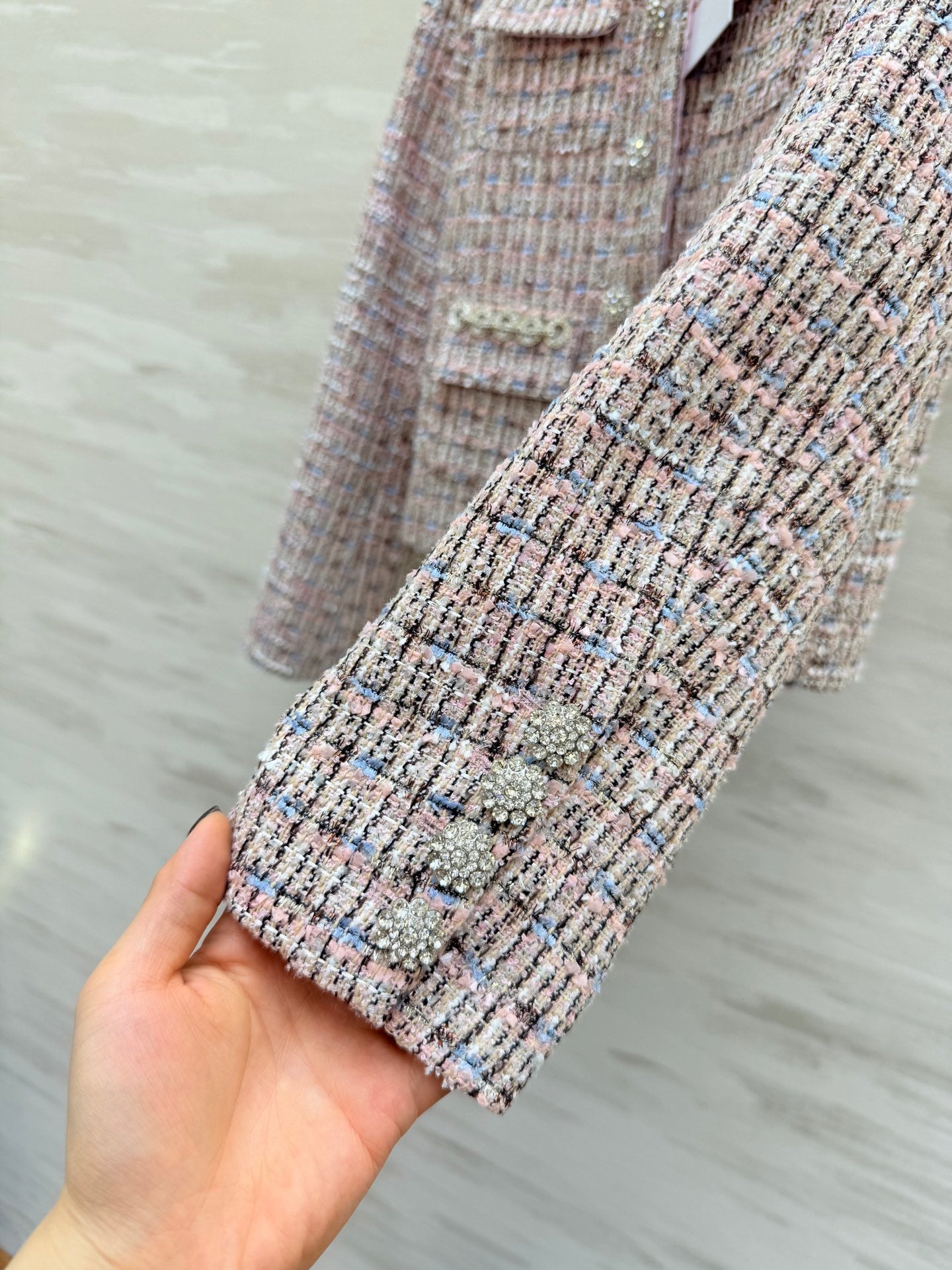 Chanel 2025 Rhinestone Chain Jacket Pink Woven Tweed Fabric 319510