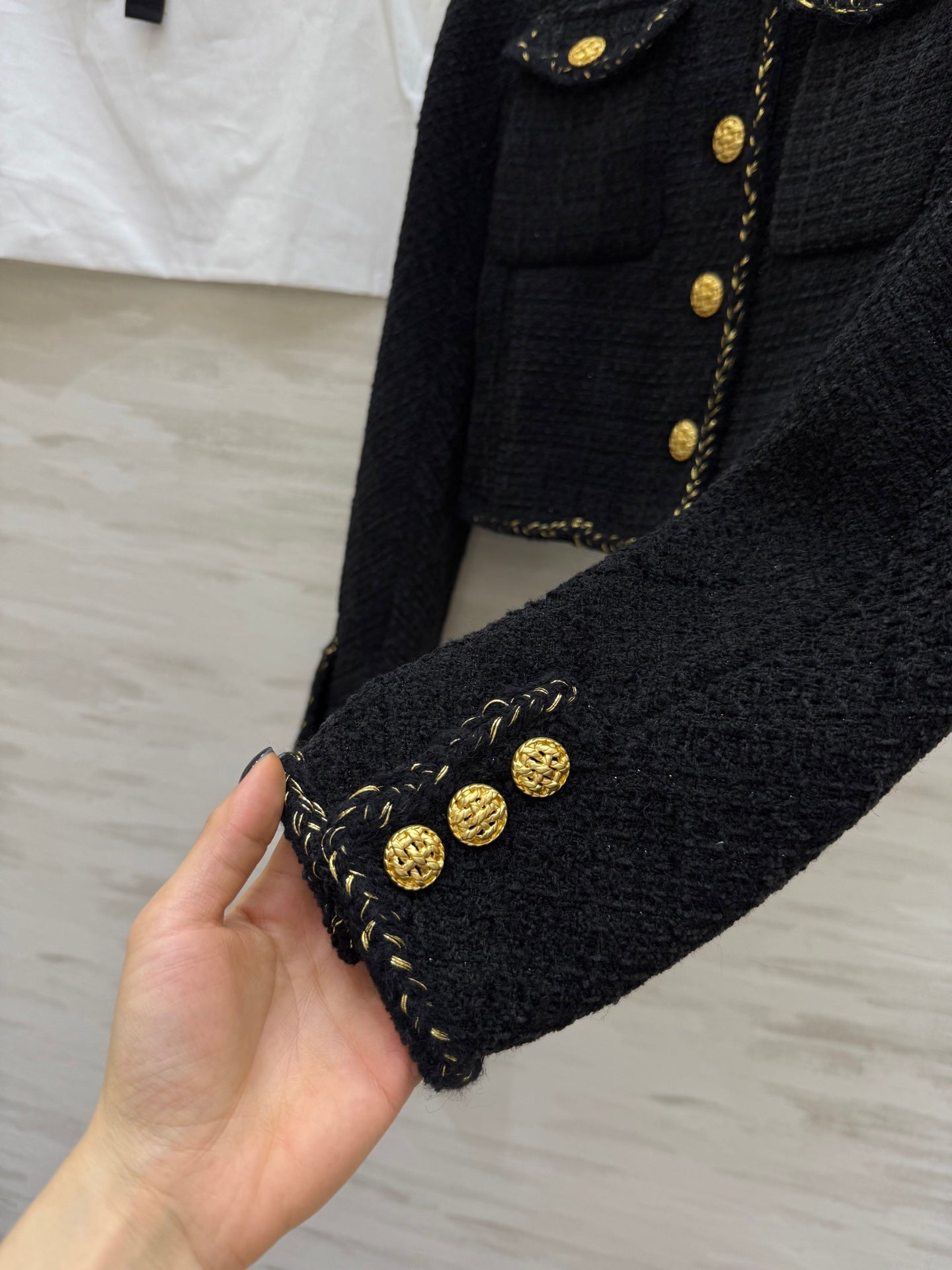 Chanel 2025 Jacket Black Tweed Fabric Gold Buckle 319479