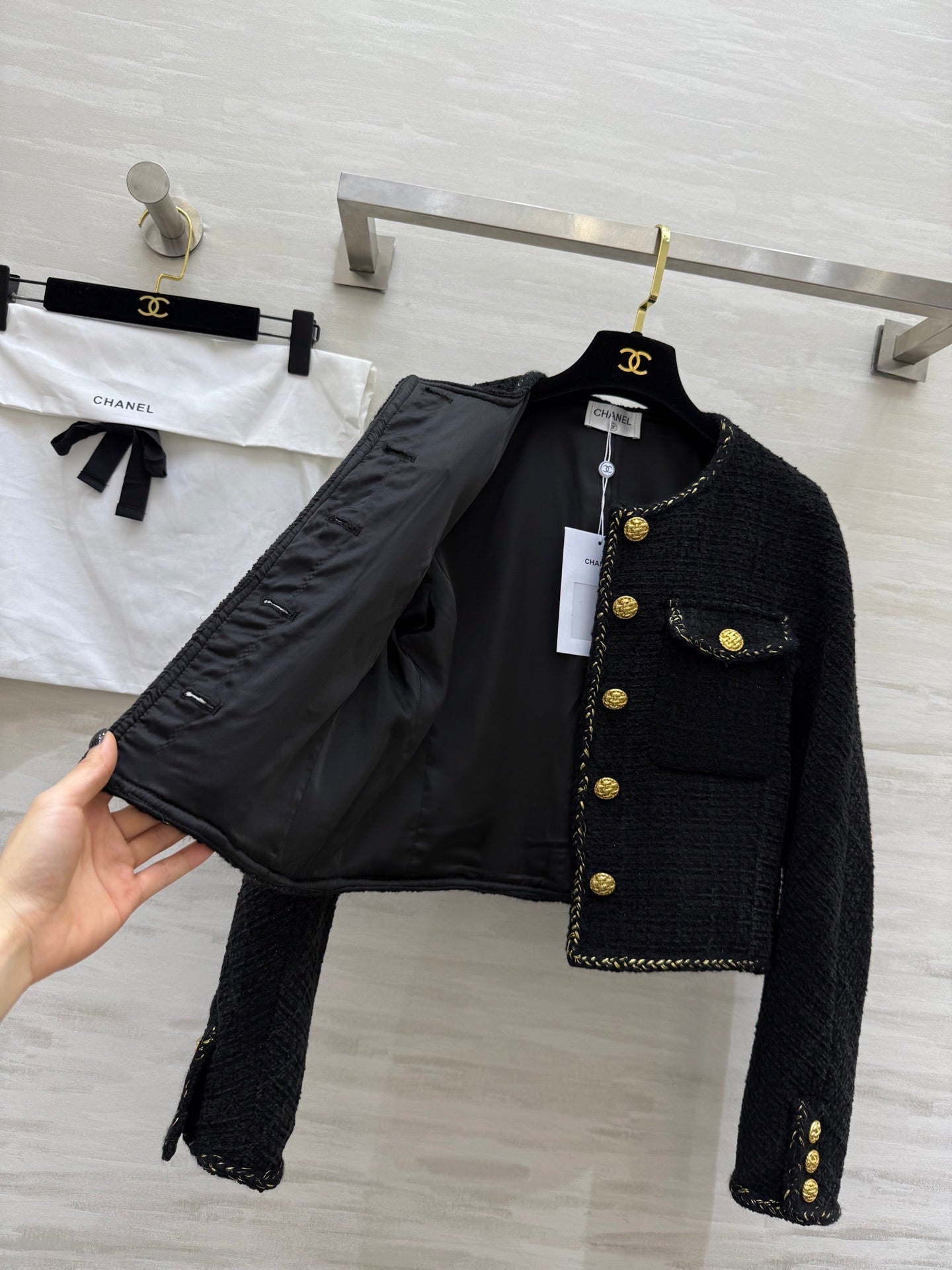 Chanel 2025 Jacket Black Tweed Fabric Gold Buckle 319479