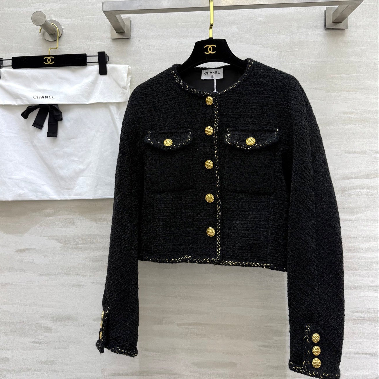 Chanel 2025 Jacket Black Tweed Fabric Gold Buckle 319479
