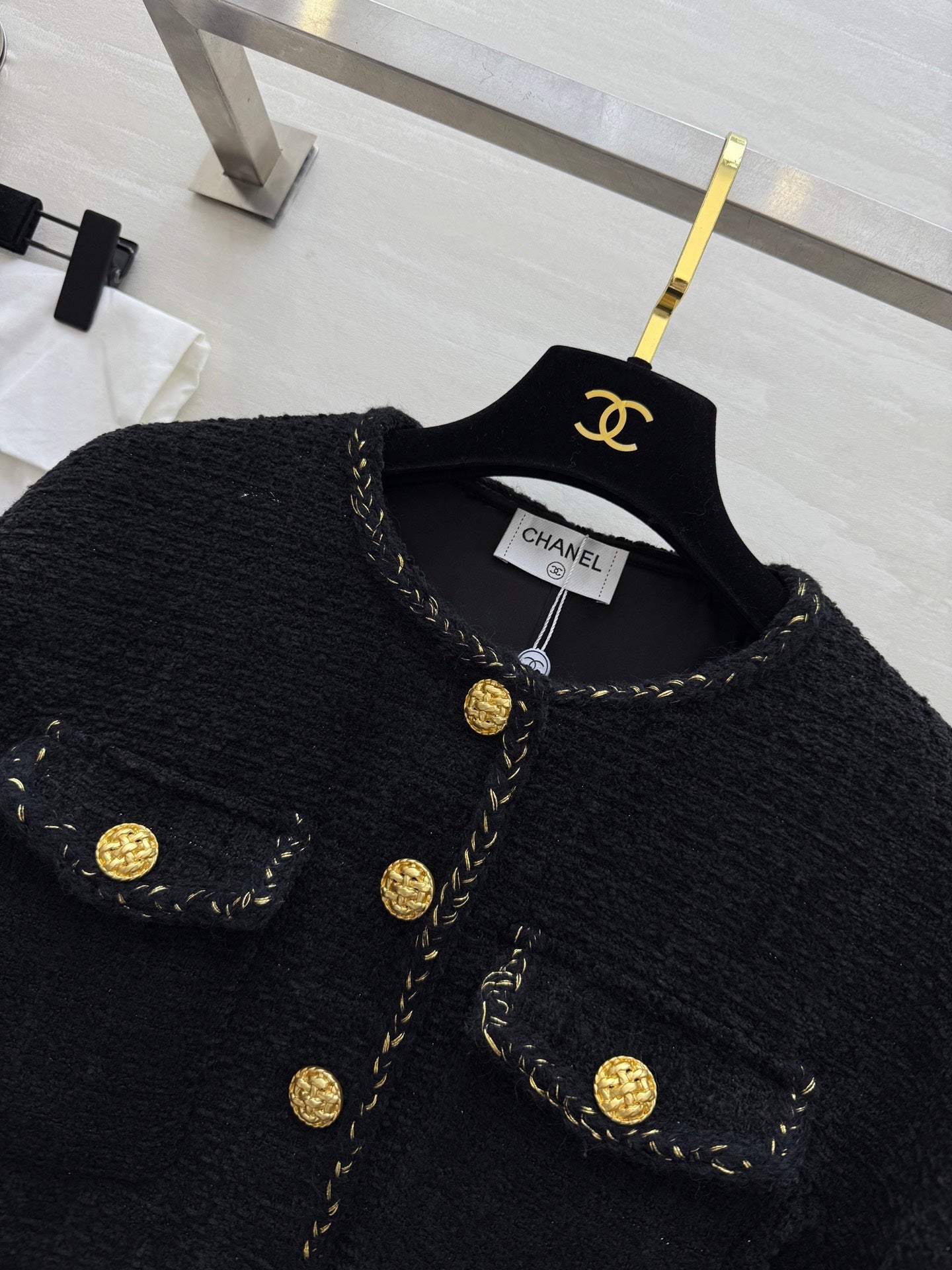 Chanel 2025 Jacket Black Tweed Fabric Gold Buckle 319479