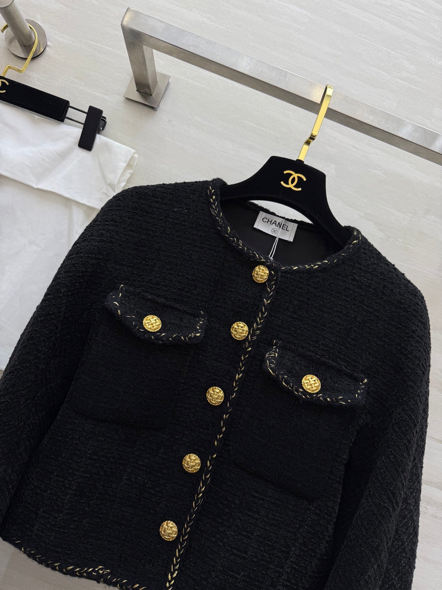 Chanel 2025 Jacket Black Tweed Fabric Gold Buckle 319479