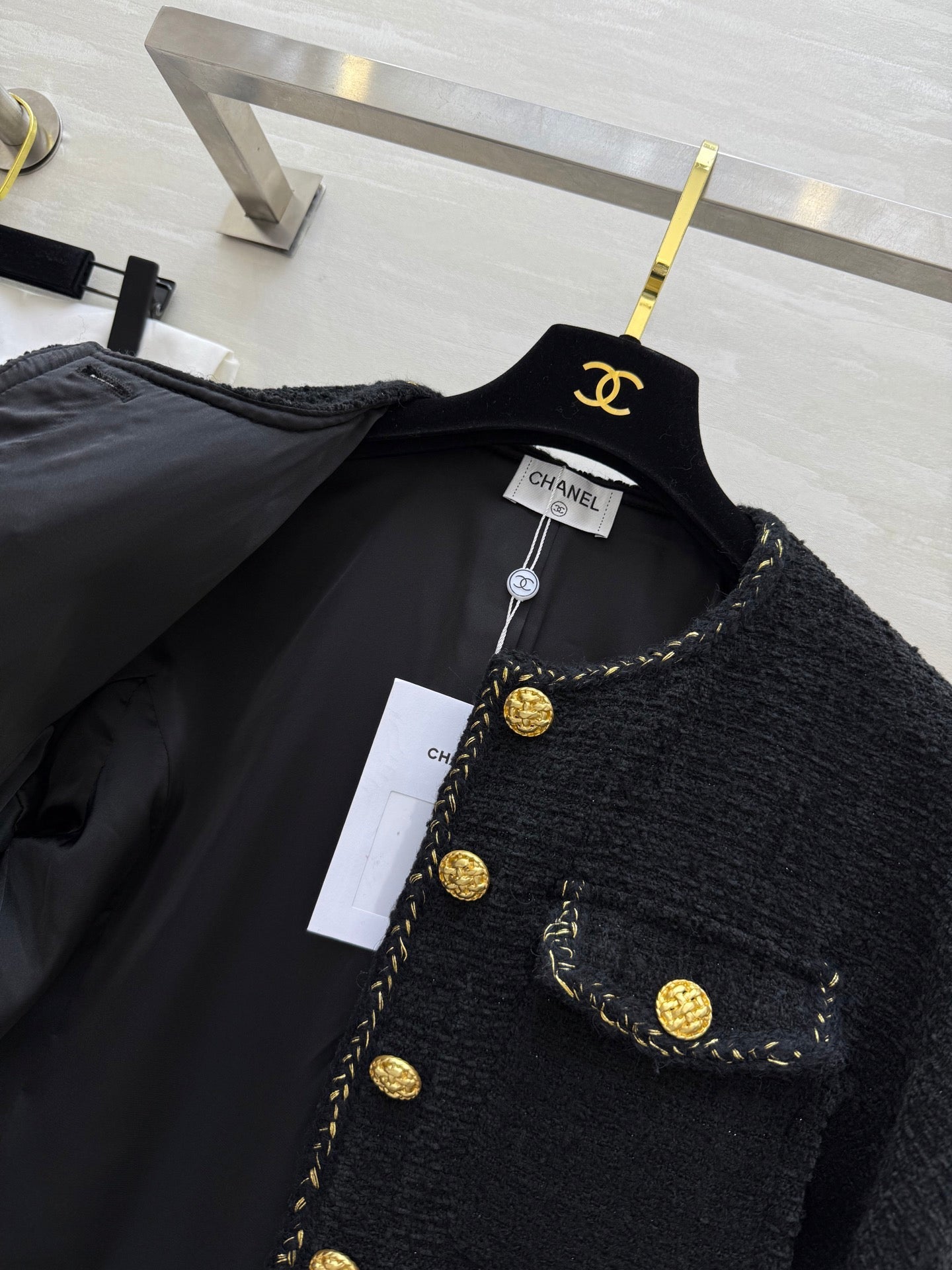 Chanel 2025 Jacket Black Tweed Fabric Gold Buckle 319479