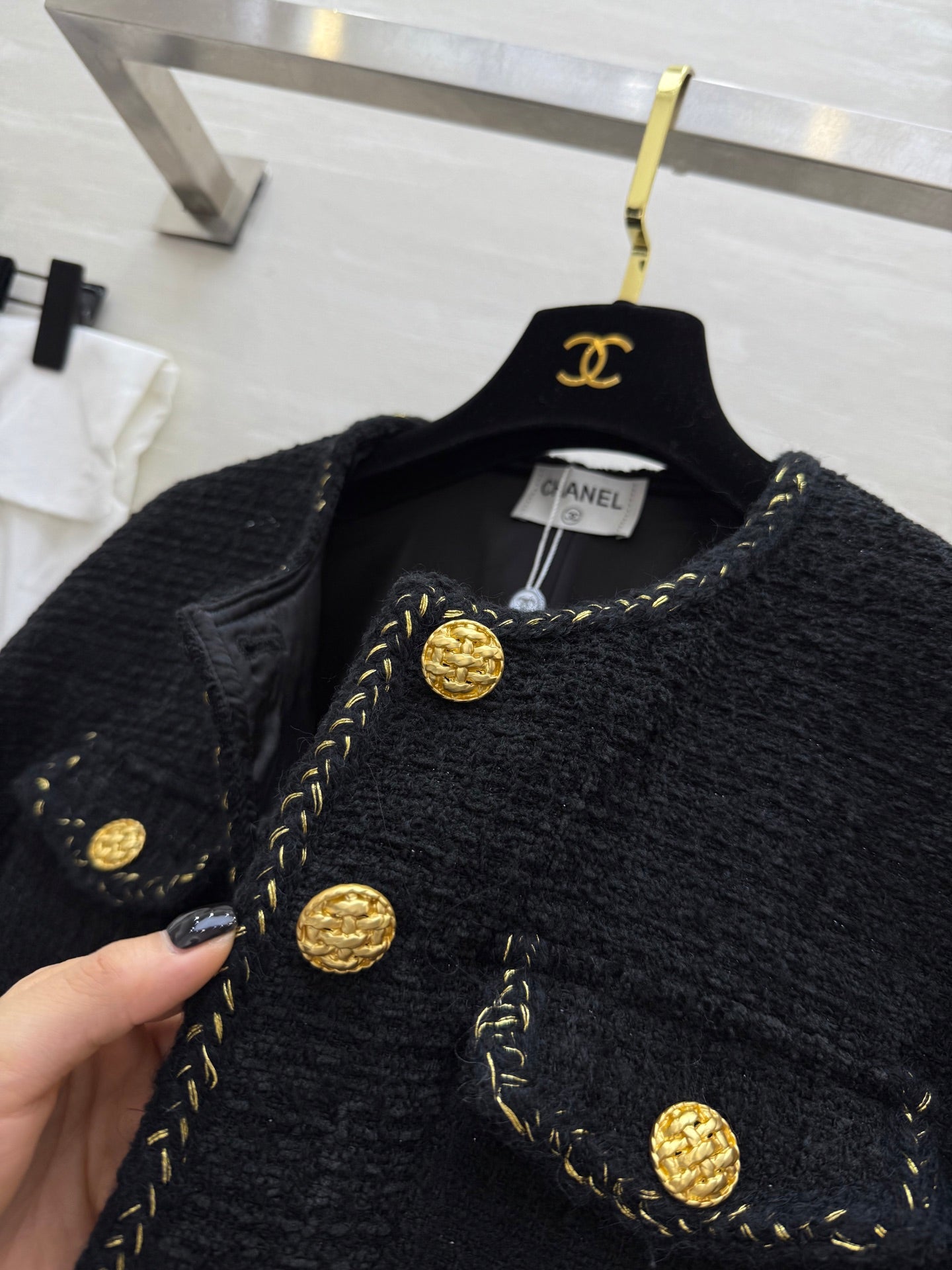 Chanel 2025 Jacket Black Tweed Fabric Gold Buckle 319479